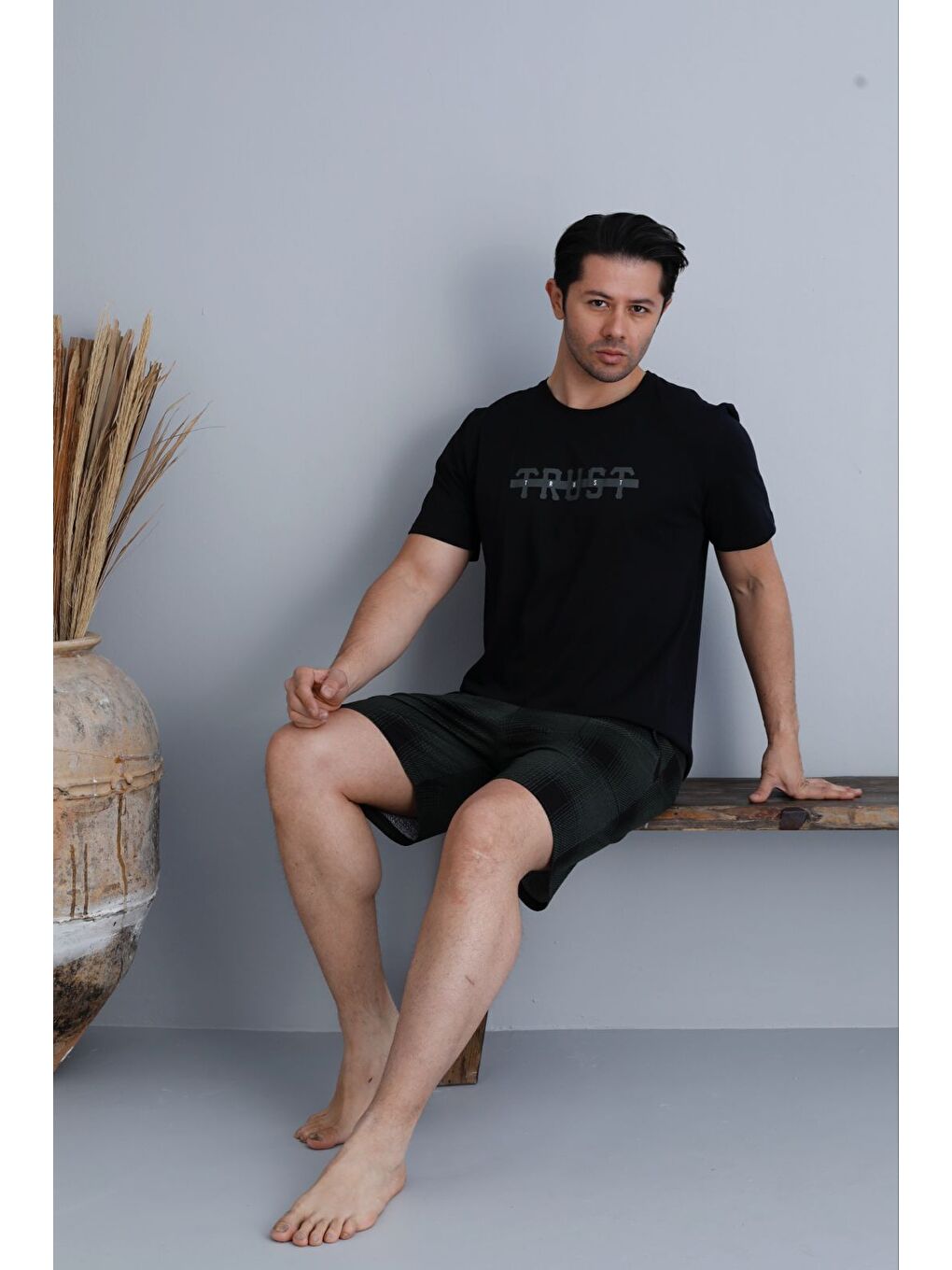 Erkek %100 Organik Pamuk Siyah Kısa Kollu Ekose Şortlu Doğal Pijama Takımı-2