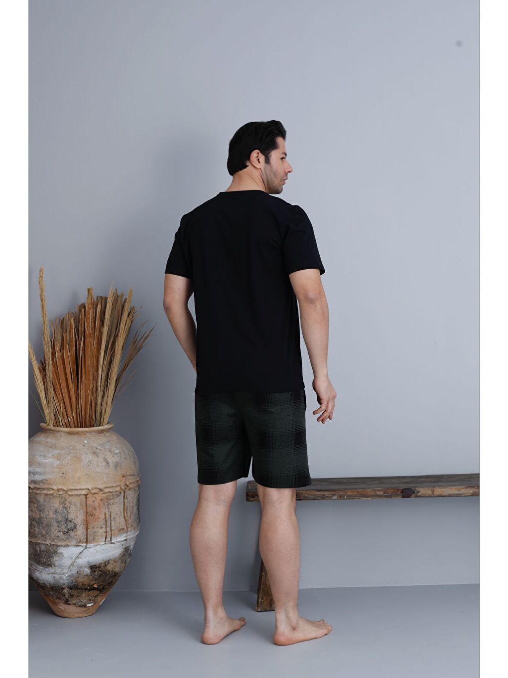 Erkek %100 Organik Pamuk Siyah Kısa Kollu Ekose Şortlu Doğal Pijama Takımı-3