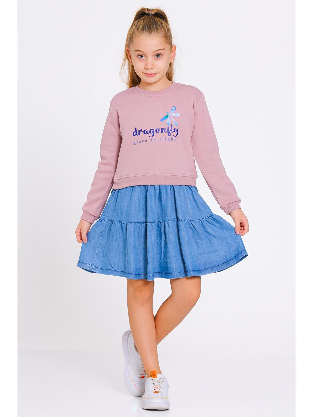 Pembe Kız Çocuk Gül Kurusu Gragonfly Baskı Parçalı 3-7 Yaş Elbise - 23184-2