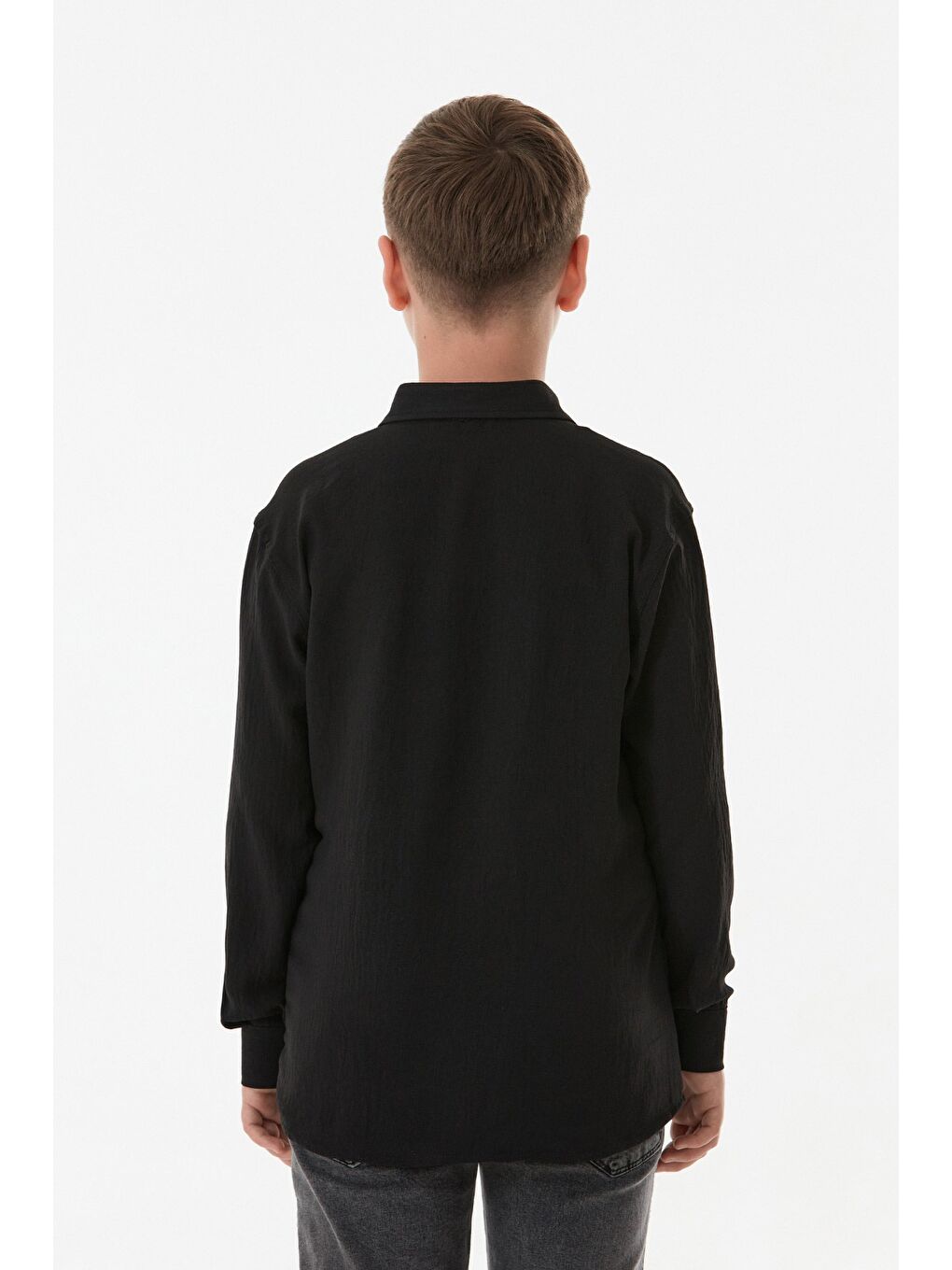 Siyah Ayrobin Kumaş Düğmeli Erkek Çocuk Gömlek-2