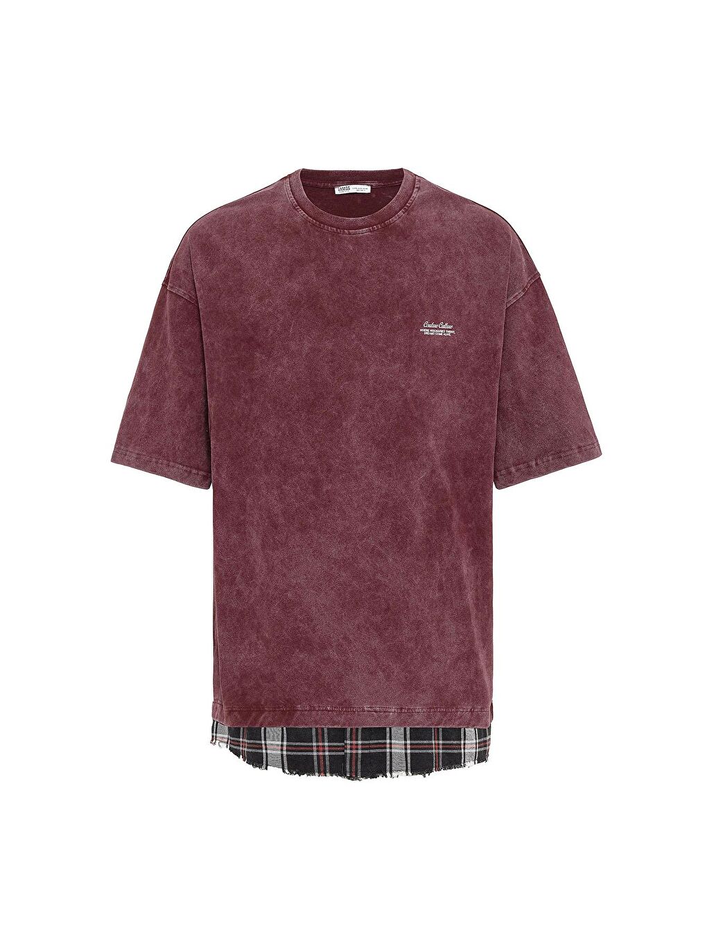 Yıkamalı Oversize Ekose Detaylı Tişört Bordo-1