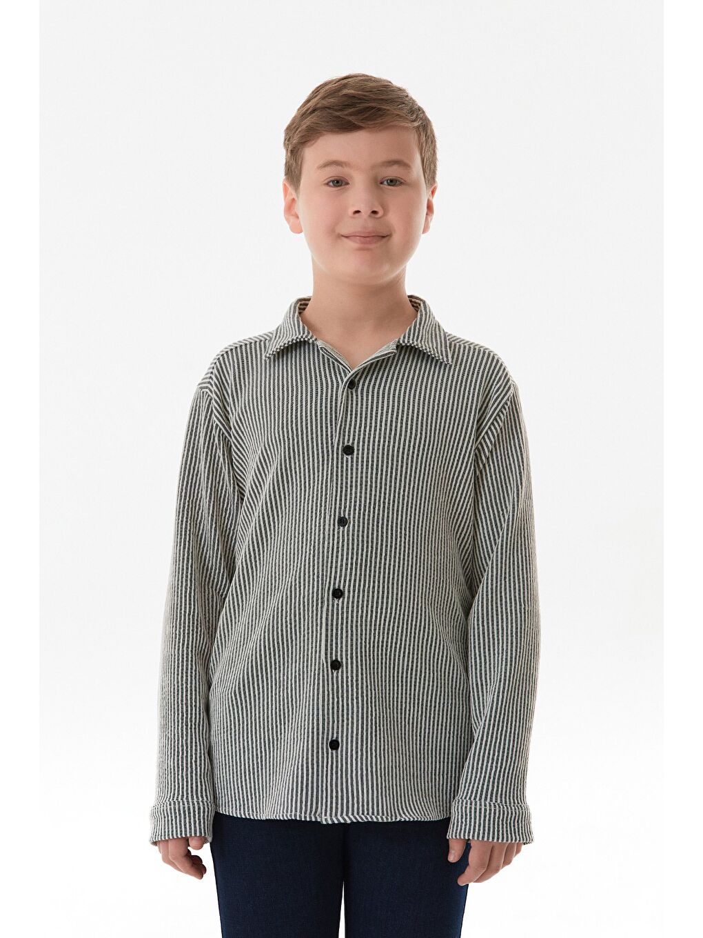 Siyah Gofreli Çizgili Erkek Çocuk Gömlek