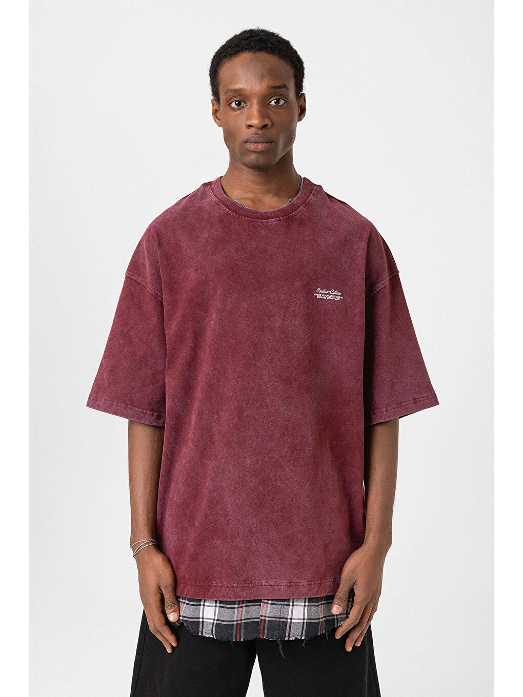 Yıkamalı Oversize Ekose Detaylı Tişört Bordo-2