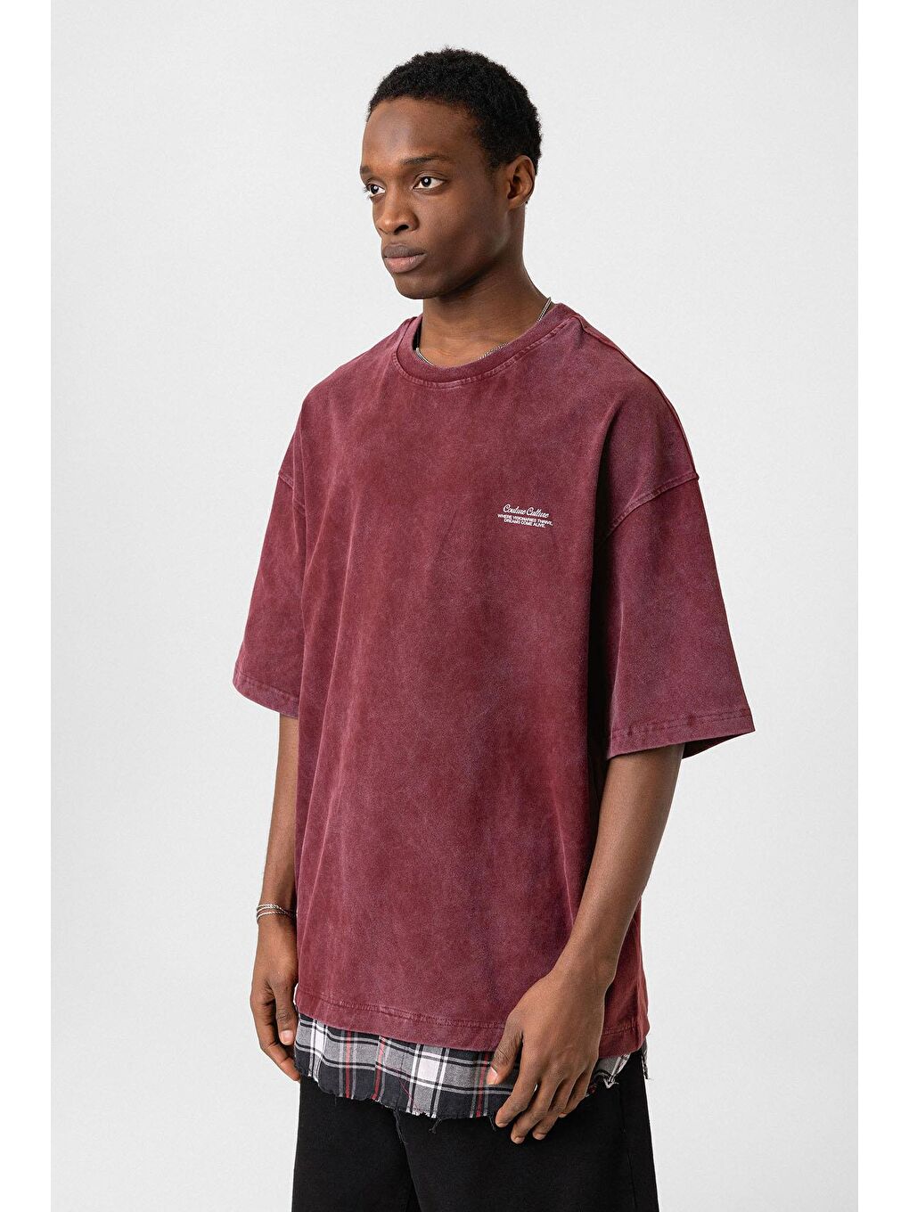 Yıkamalı Oversize Ekose Detaylı Tişört Bordo-3
