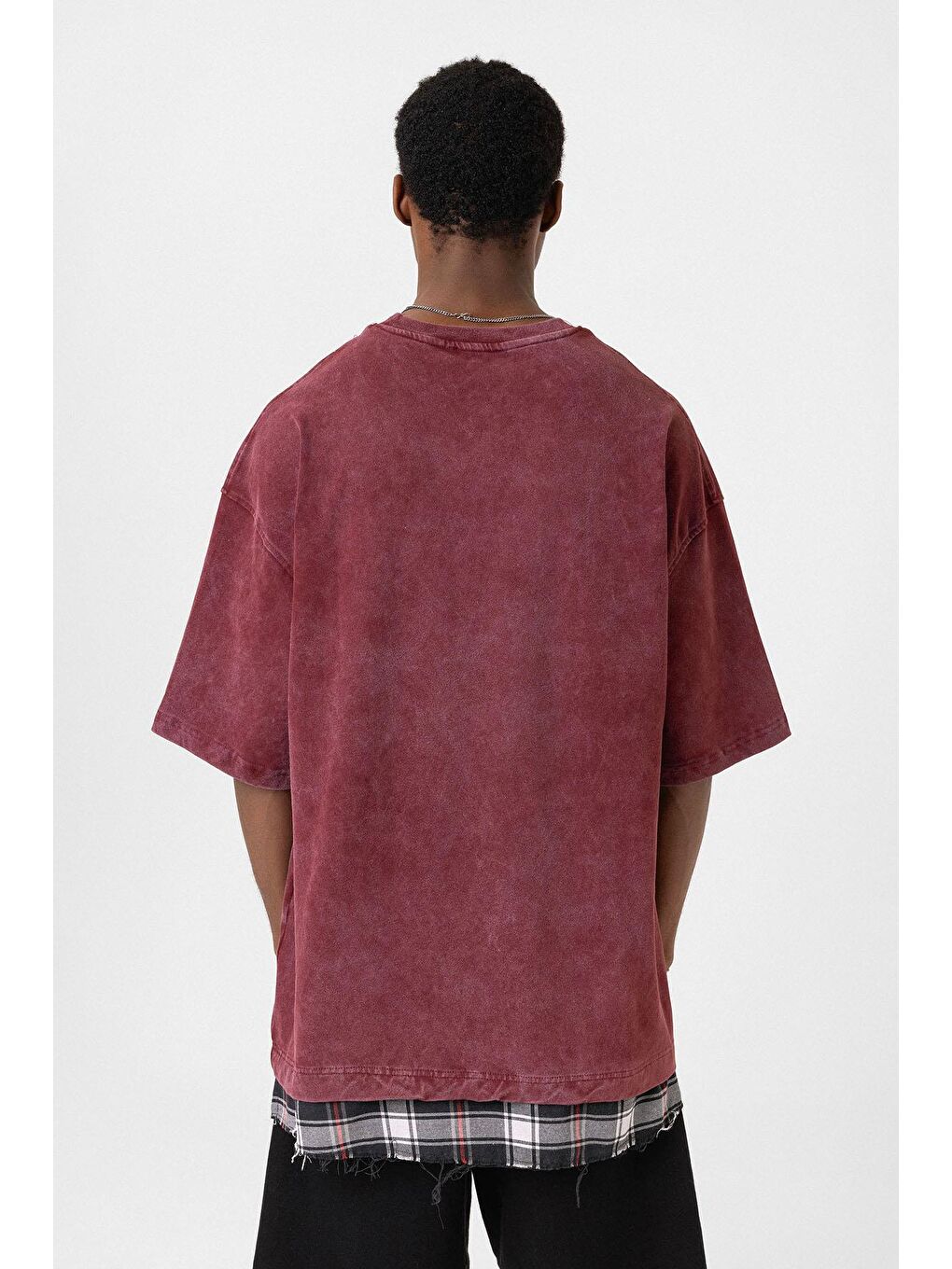 Yıkamalı Oversize Ekose Detaylı Tişört Bordo-4