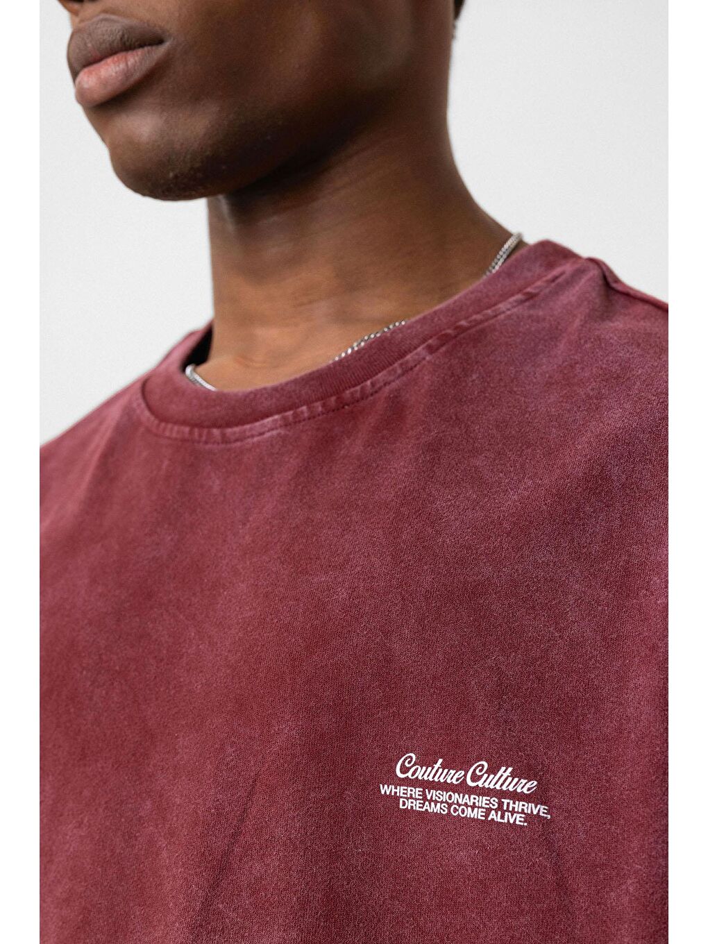 Yıkamalı Oversize Ekose Detaylı Tişört Bordo-5