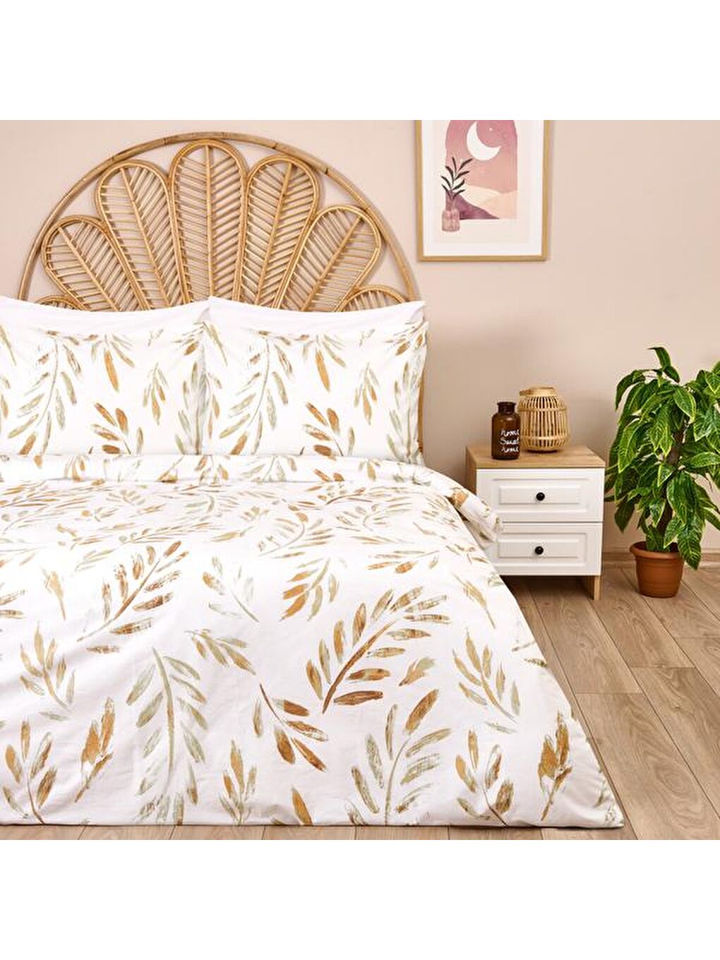 Lila Soft Bulong Çift Kişilik Nevresim Takımı - Ekru / Yeşil