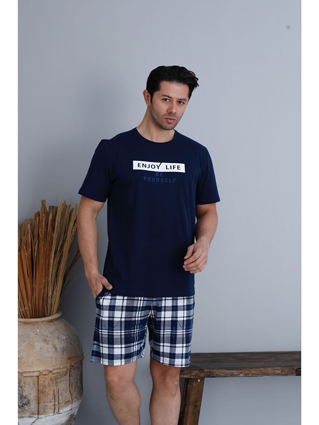Erkek %100 Organik Pamuk Lacivert Kısa Kollu Ekose Şortlu Doğal Pijama Takımı