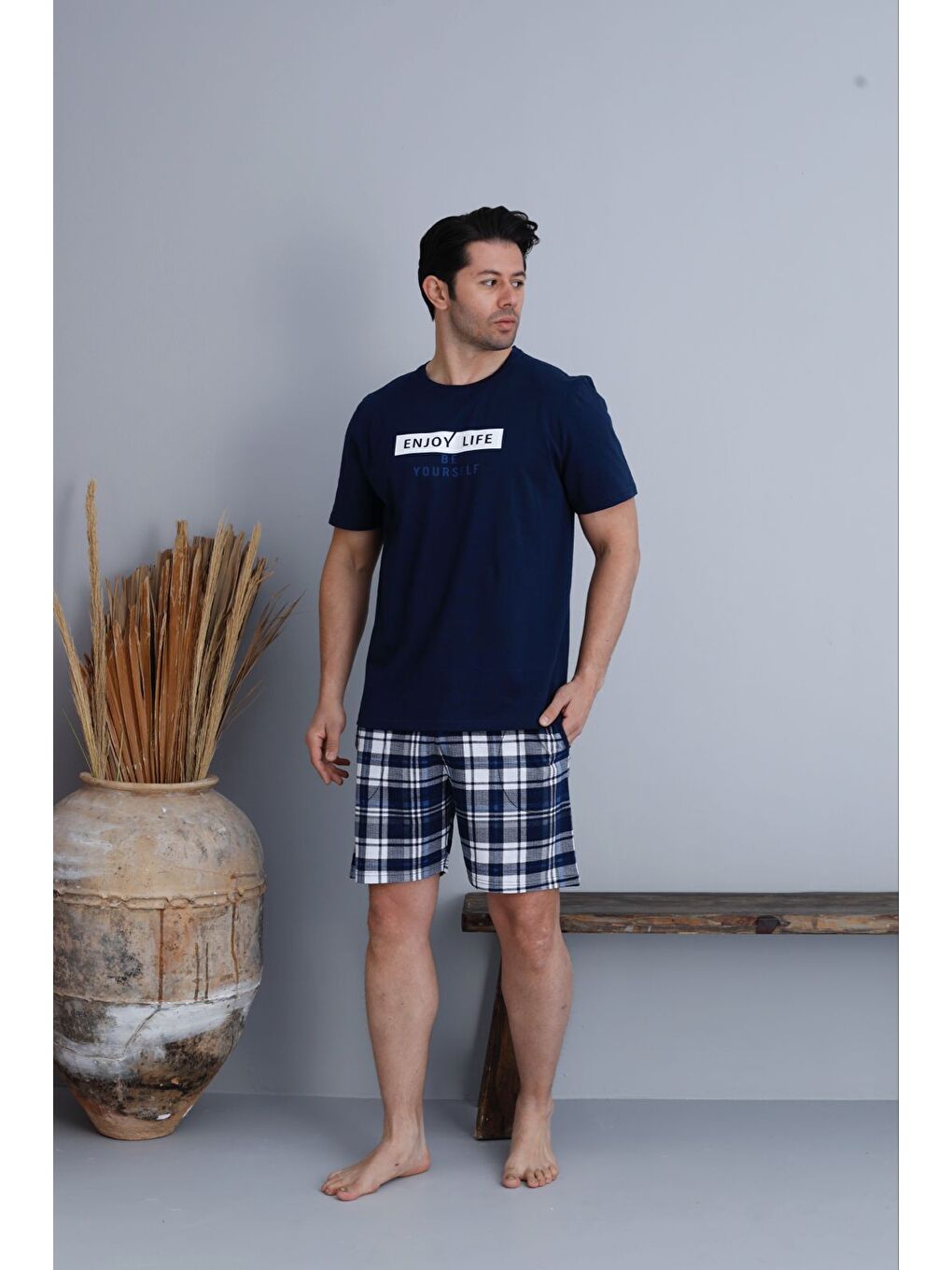 Erkek %100 Organik Pamuk Lacivert Kısa Kollu Ekose Şortlu Doğal Pijama Takımı-1