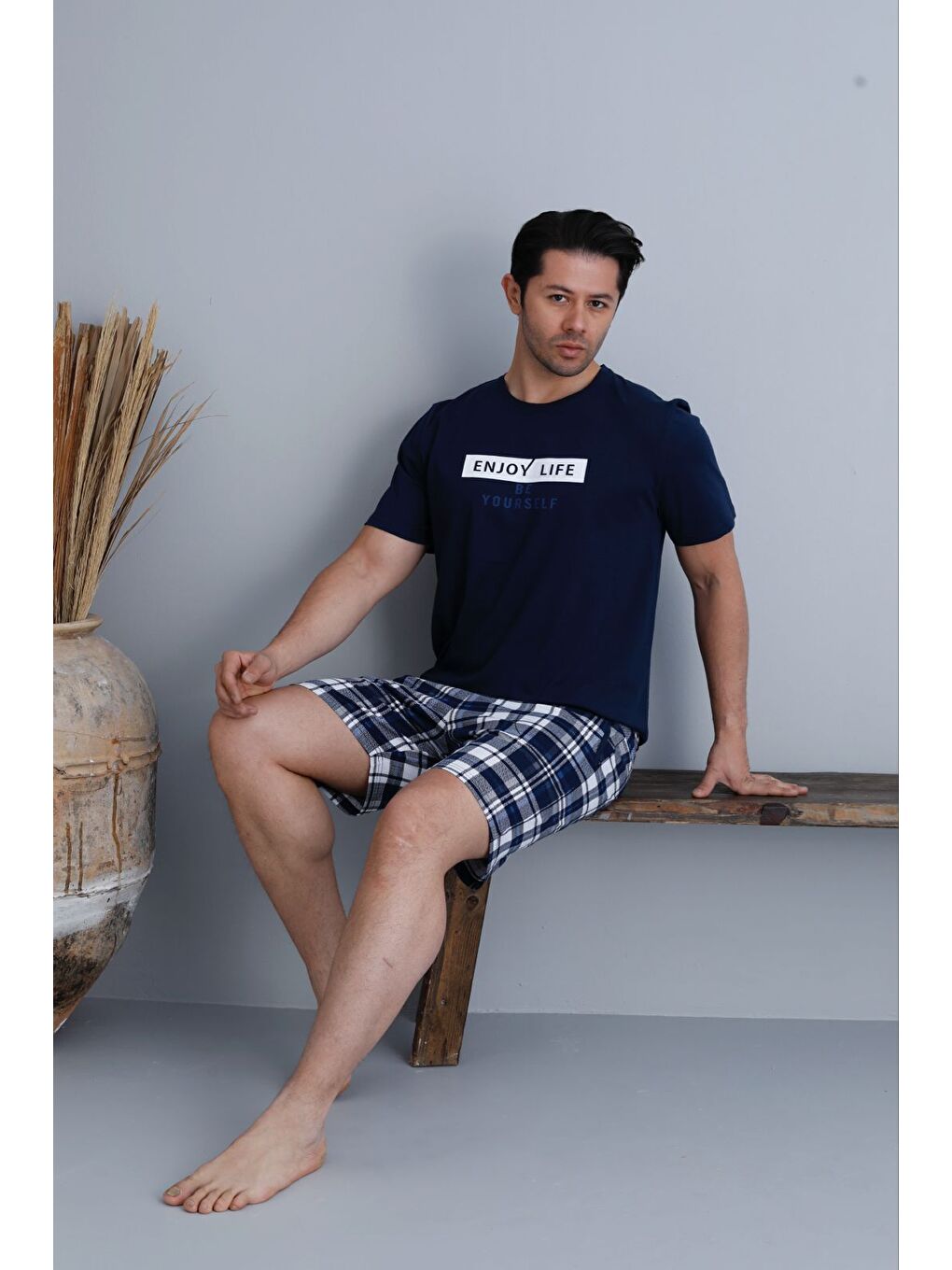 Erkek %100 Organik Pamuk Lacivert Kısa Kollu Ekose Şortlu Doğal Pijama Takımı-2