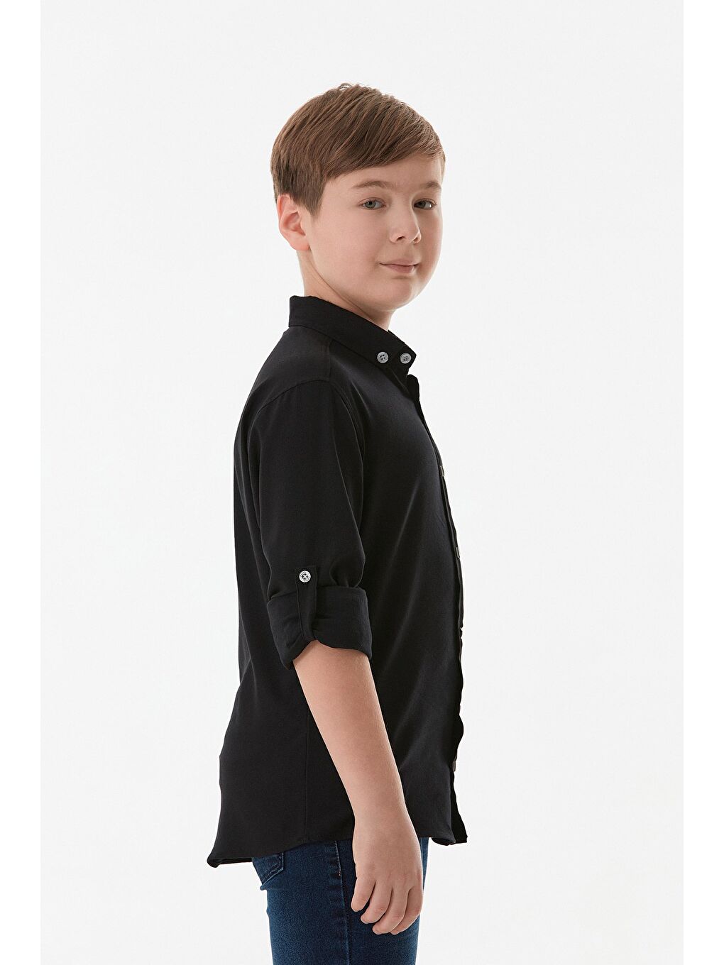Siyah Yazı Baskılı Kolu Katlamalı Erkek Çocuk Gömlek-1