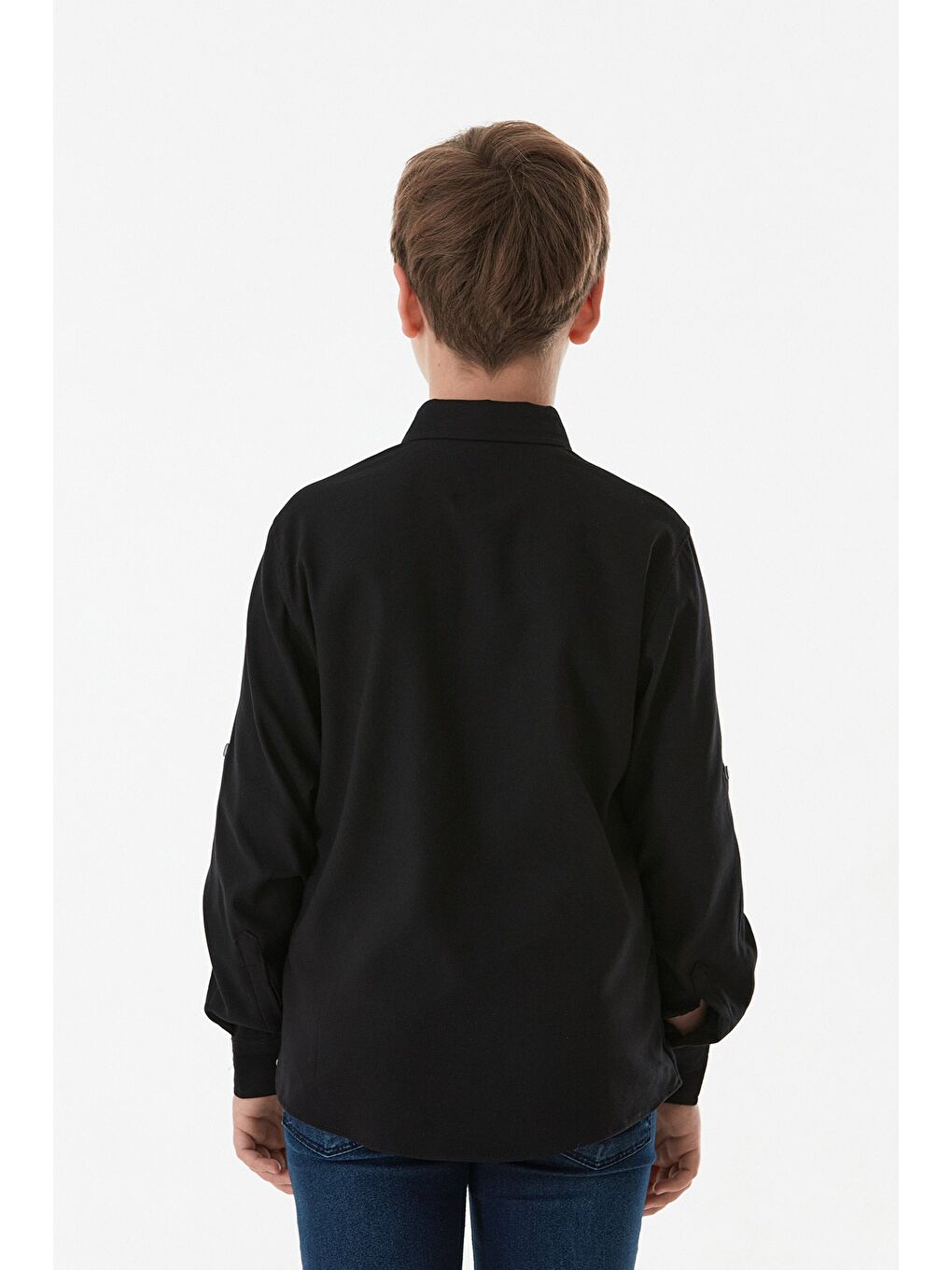 Siyah Yazı Baskılı Kolu Katlamalı Erkek Çocuk Gömlek-3