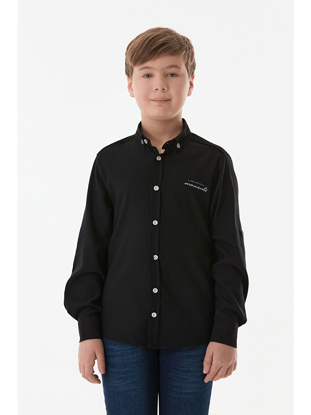 Siyah Yazı Baskılı Kolu Katlamalı Erkek Çocuk Gömlek-4