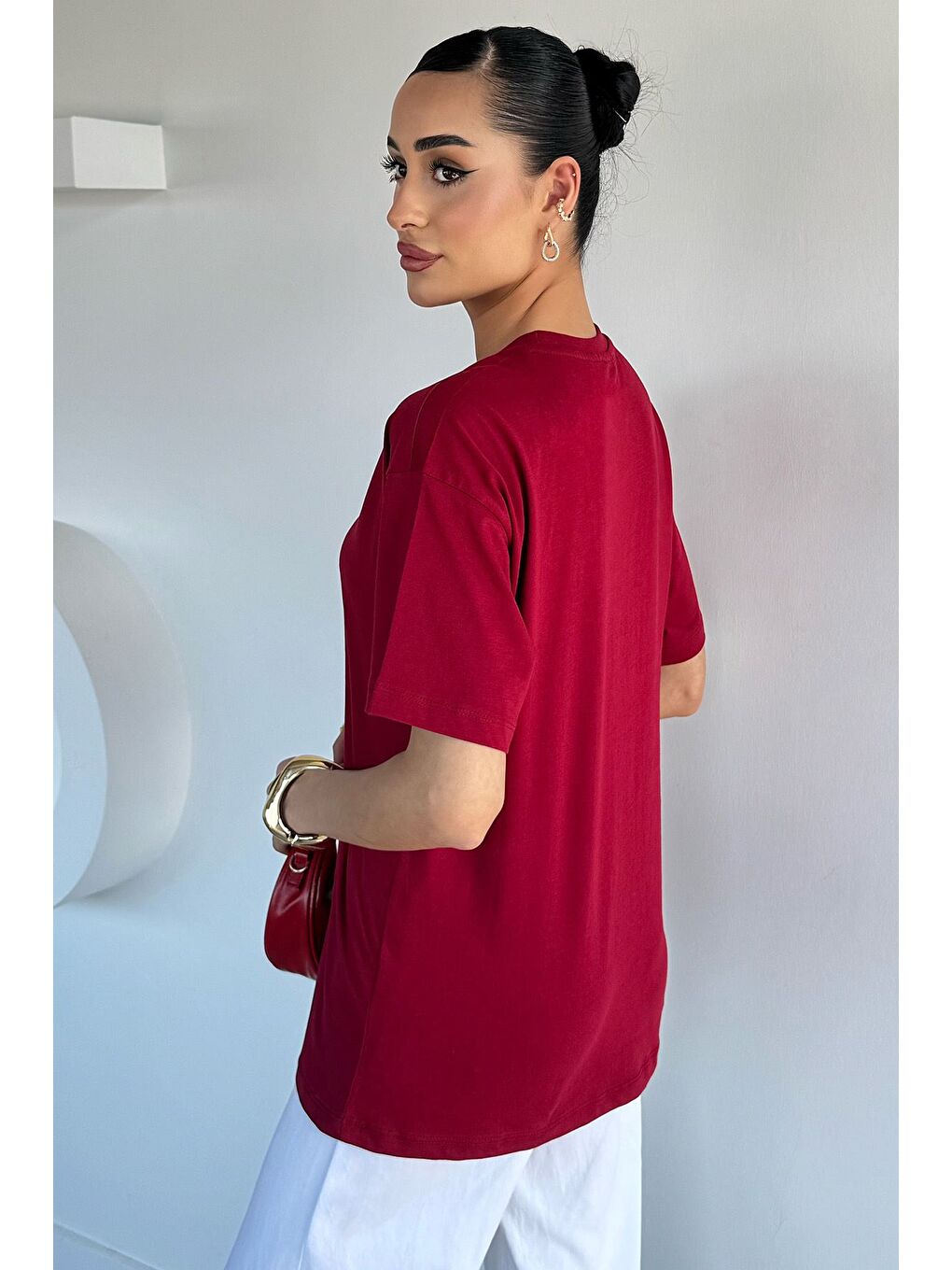 Bordo Kadın Baskılı Bisiklet Yaka Tişört-3