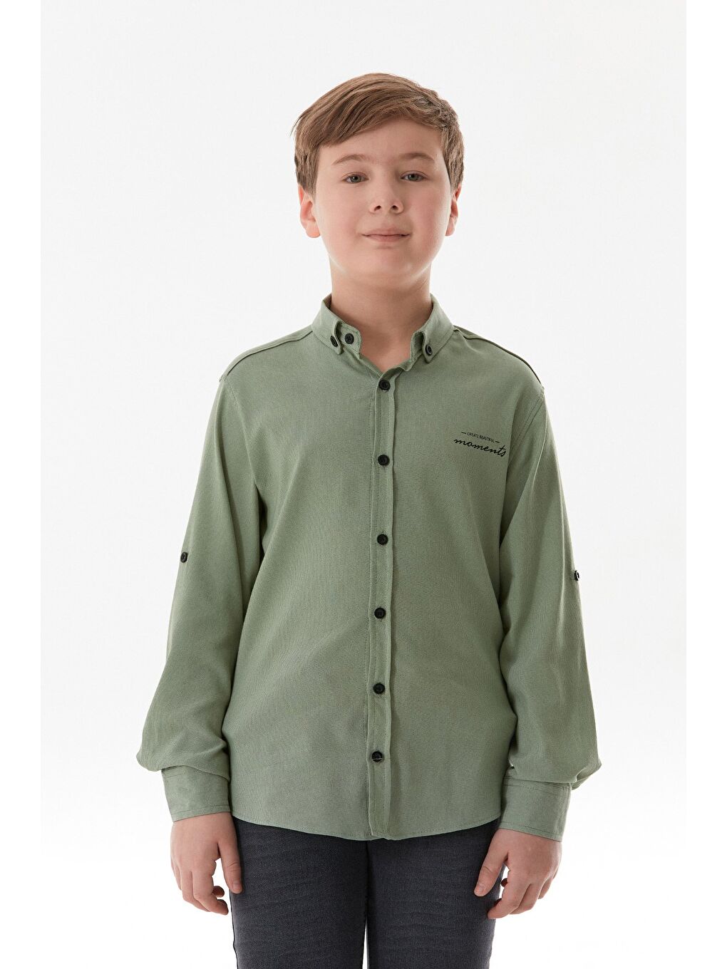 Turkuaz Yazı Baskılı Kolu Katlamalı Erkek Çocuk Gömlek