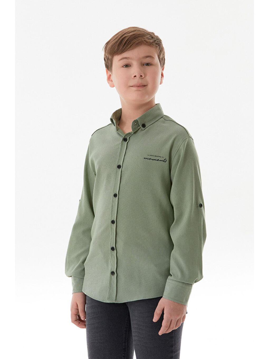 Turkuaz Yazı Baskılı Kolu Katlamalı Erkek Çocuk Gömlek-1