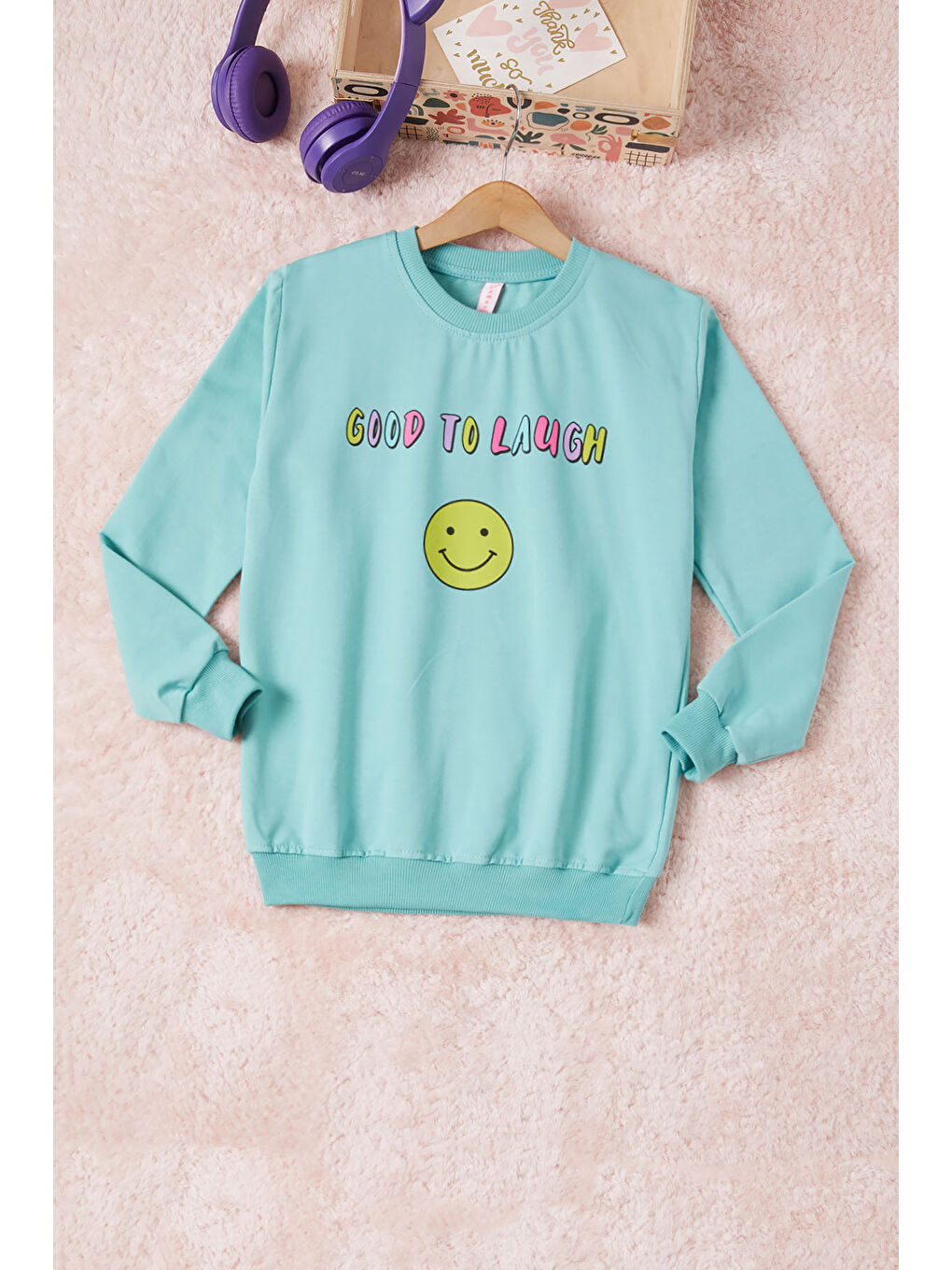 Pembe Life Kids Club Yeşil Gülen Yüz Sırtı Baskılı Kız Çocuk Sweatshirt 16707