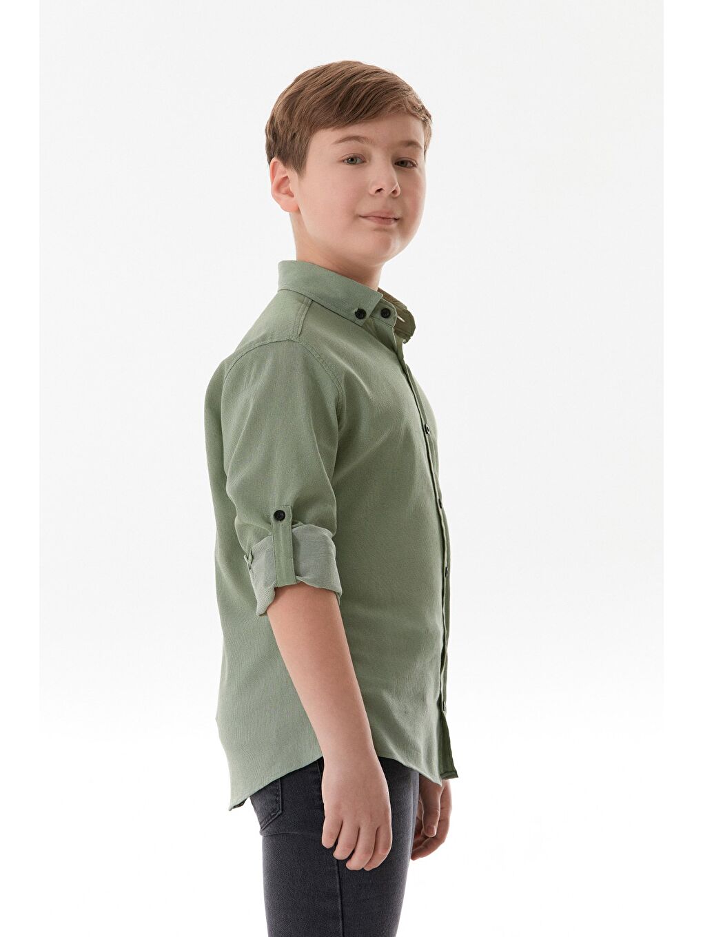 Turkuaz Yazı Baskılı Kolu Katlamalı Erkek Çocuk Gömlek-4