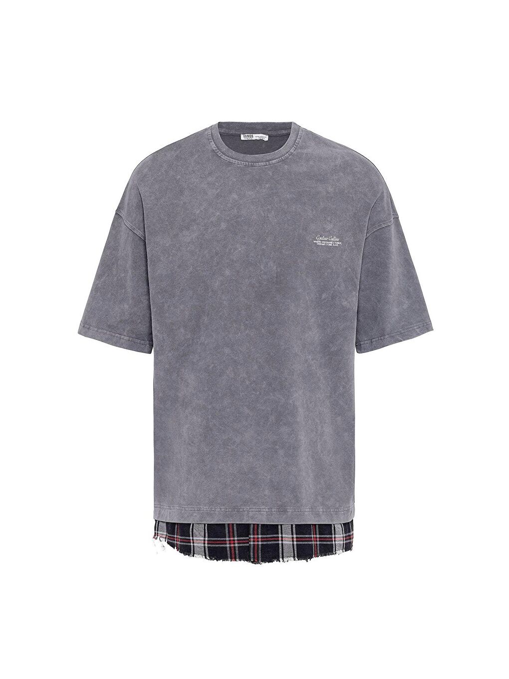 Gri Yıkamalı Oversize Ekose Detaylı Tişört Füme-1