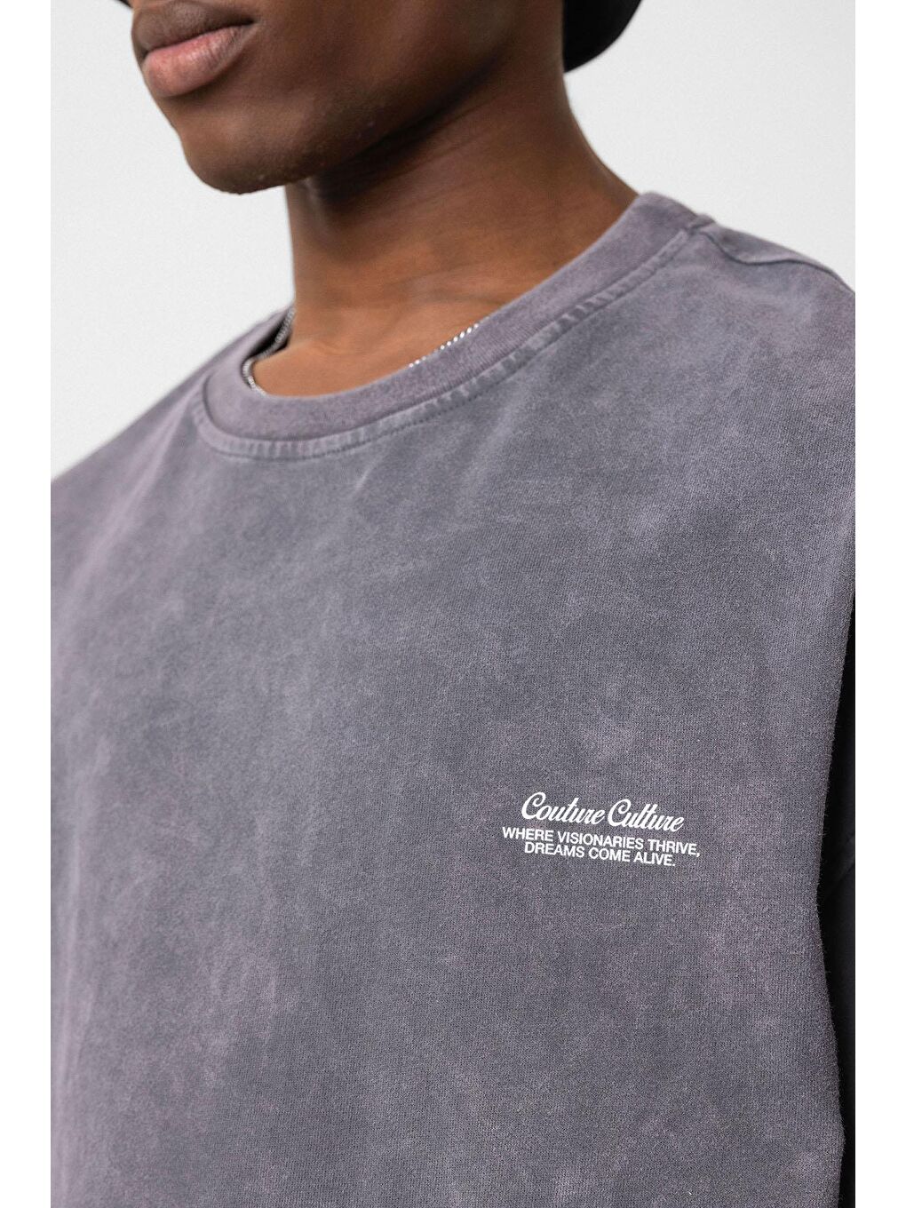 Gri Yıkamalı Oversize Ekose Detaylı Tişört Füme-5