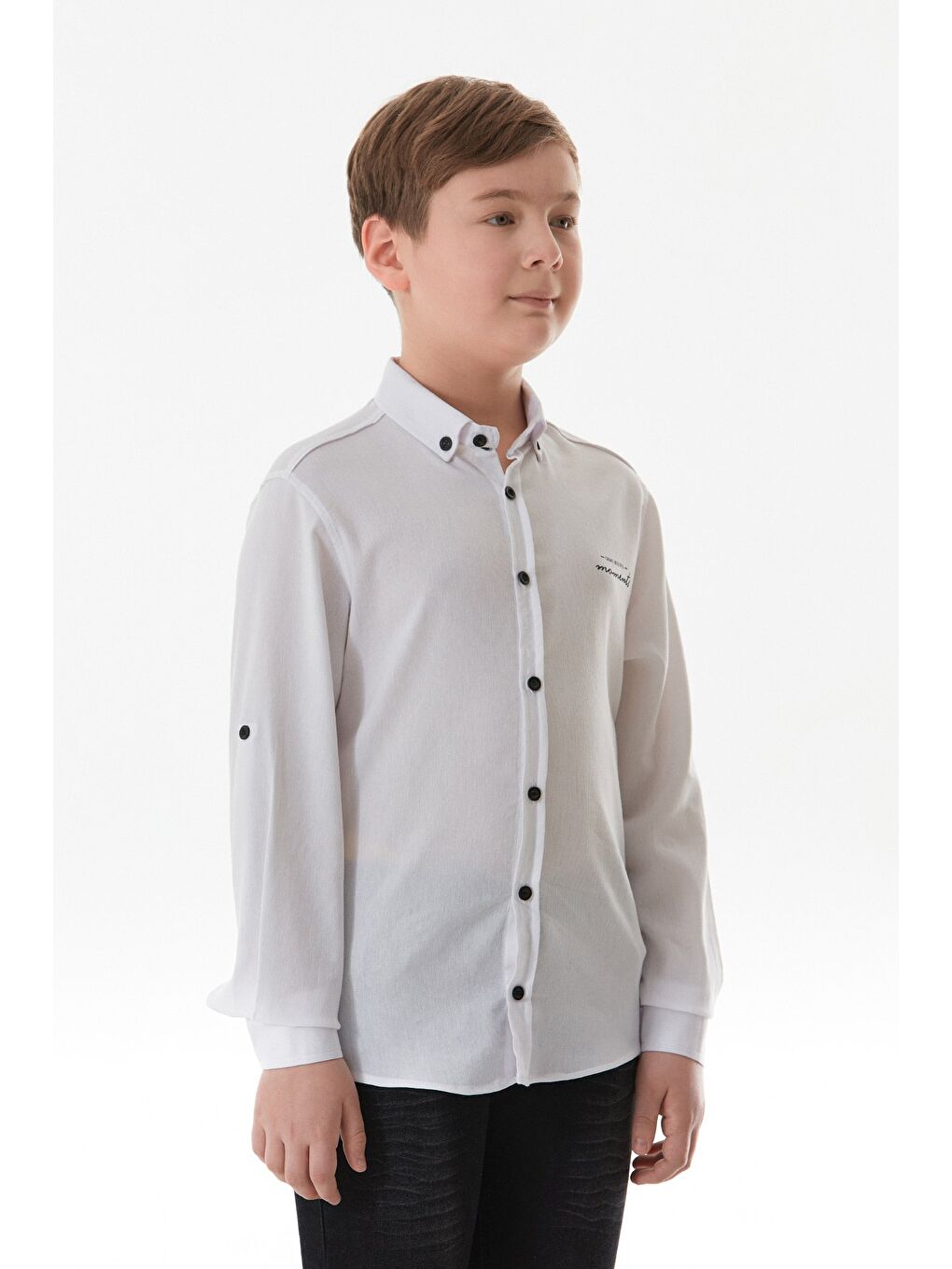 Beyaz Yazı Baskılı Kolu Katlamalı Erkek Çocuk Gömlek-1