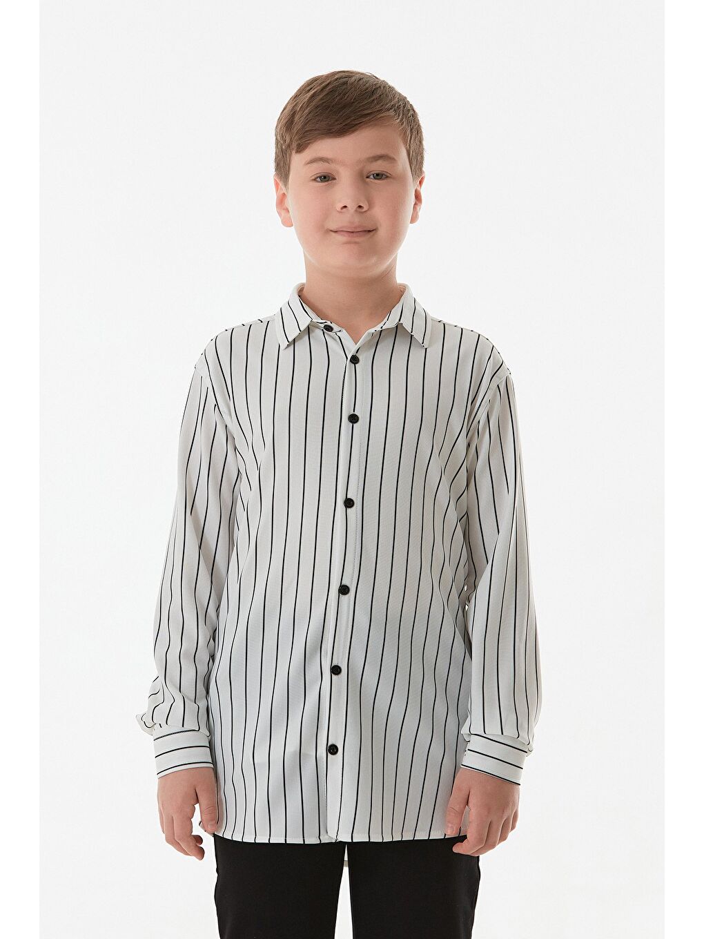 Beyaz Çizgili Düğmeli Kaşkorse Erkek Çocuk Gömlek
