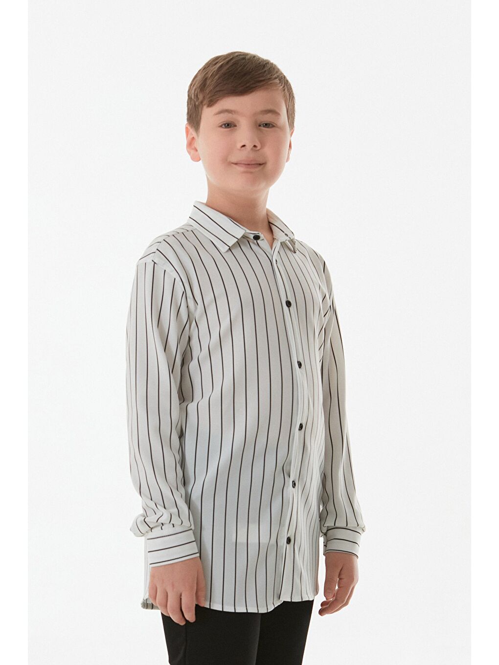 Beyaz Çizgili Düğmeli Kaşkorse Erkek Çocuk Gömlek-3