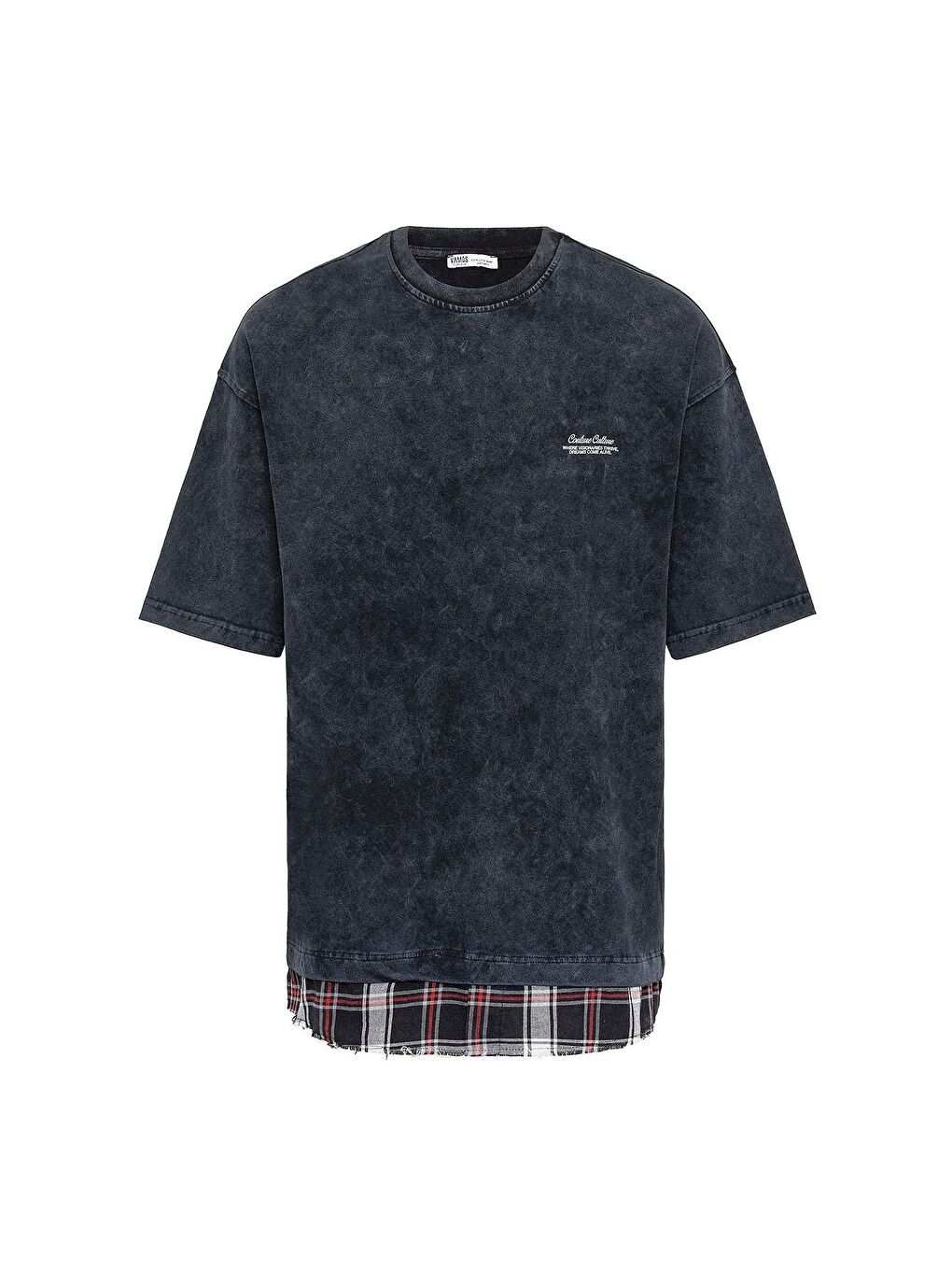 Yıkamalı Oversize Ekose Detaylı Tişört Siyah-1