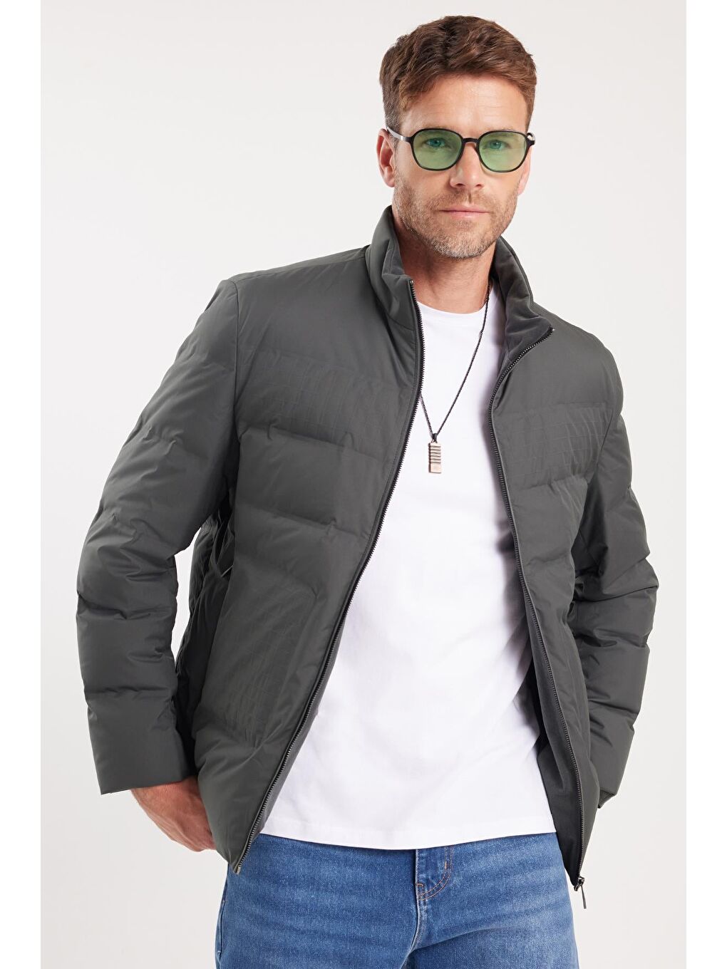 Erkek Regular Fit Normal Kesim Kaz Tüyü Çift Cepli Fermuarlı Sıcak Tutan Haki Mont