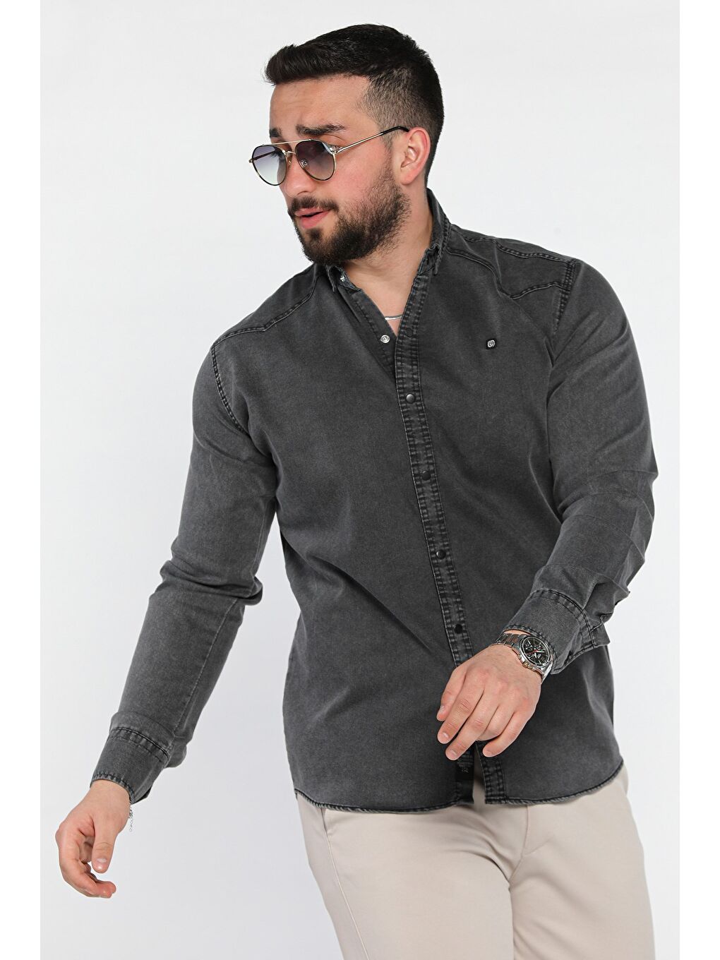 Antrasit Erkek Uzun Kol Çıtçıtlı Gömlek-1