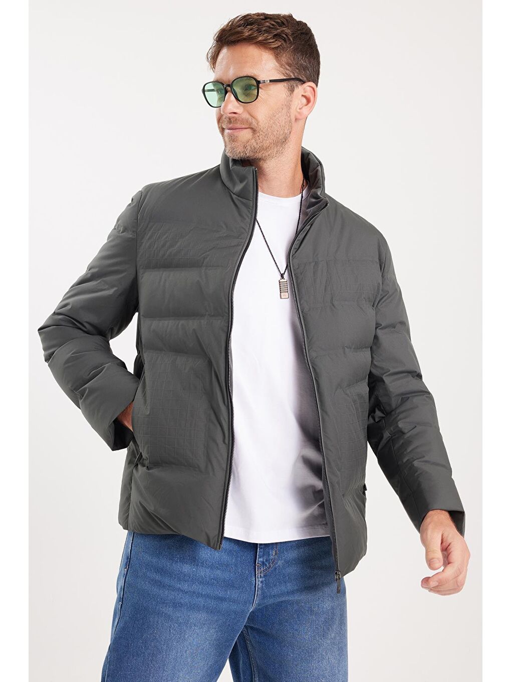 Erkek Regular Fit Normal Kesim Kaz Tüyü Çift Cepli Fermuarlı Sıcak Tutan Haki Mont-1