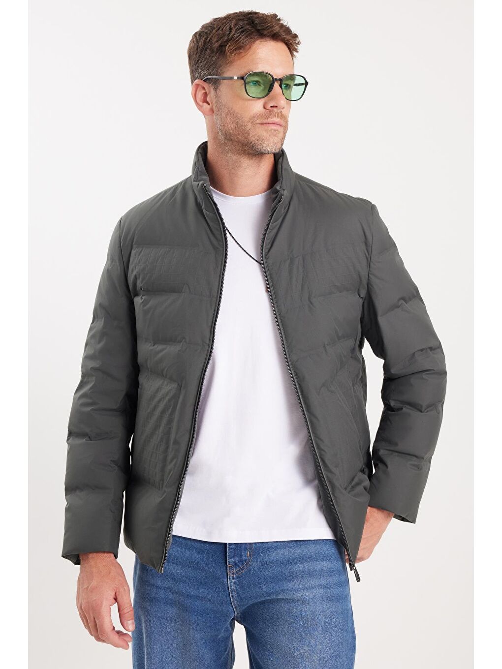 Erkek Regular Fit Normal Kesim Kaz Tüyü Çift Cepli Fermuarlı Sıcak Tutan Haki Mont-3