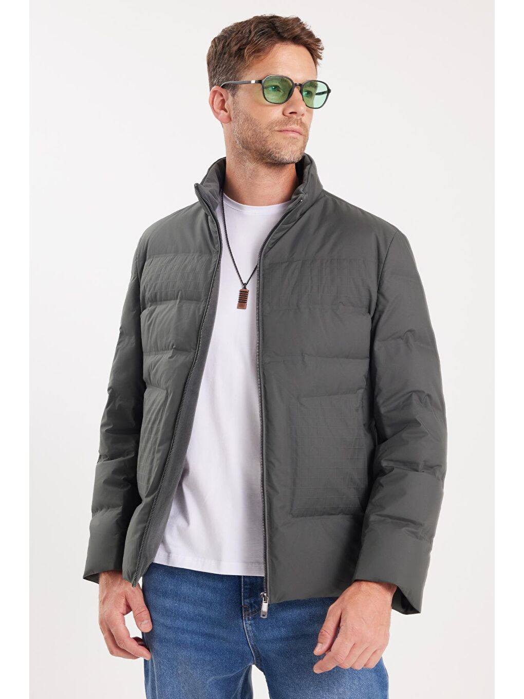 Erkek Regular Fit Normal Kesim Kaz Tüyü Çift Cepli Fermuarlı Sıcak Tutan Haki Mont-4