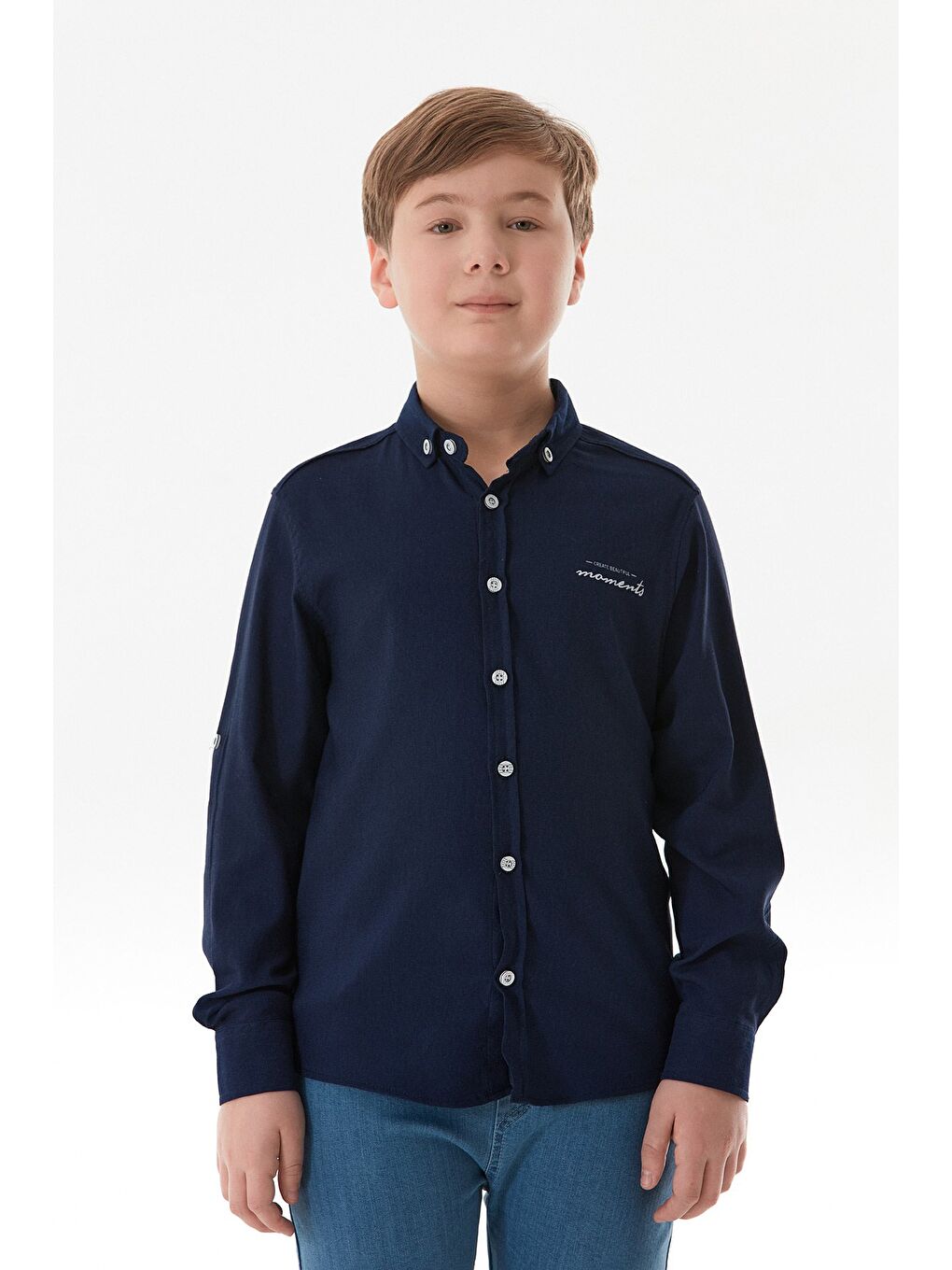 Lacivert Kolu Katlamalı Erkek Çocuk Gömlek-1