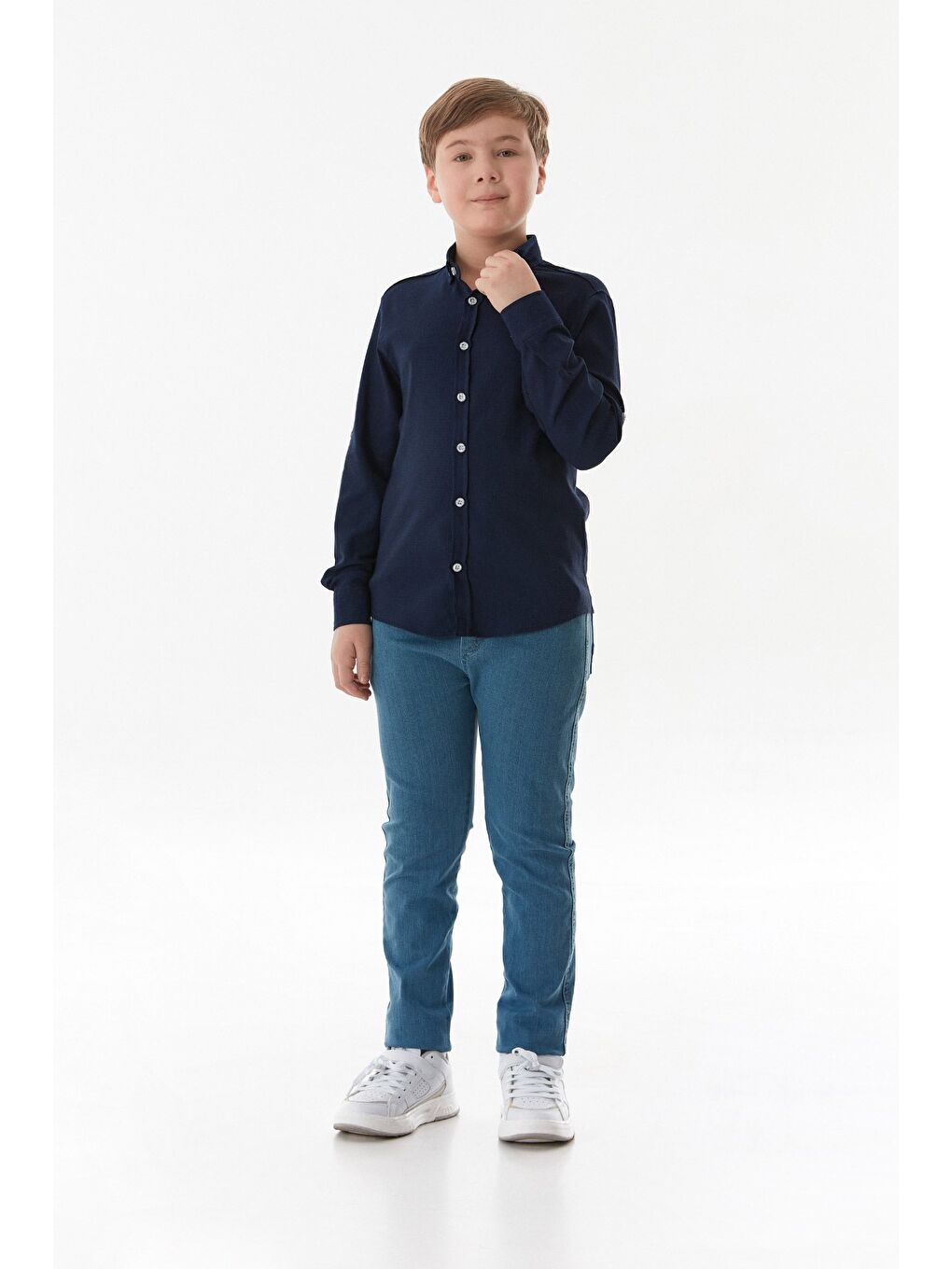 Lacivert Kolu Katlamalı Erkek Çocuk Gömlek-2