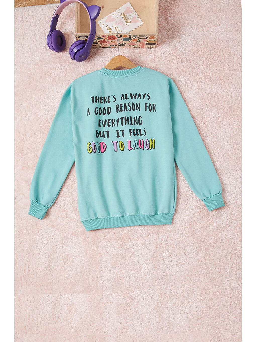 Pembe Life Kids Club Yeşil Gülen Yüz Sırtı Baskılı Kız Çocuk Sweatshirt 16707 - 3