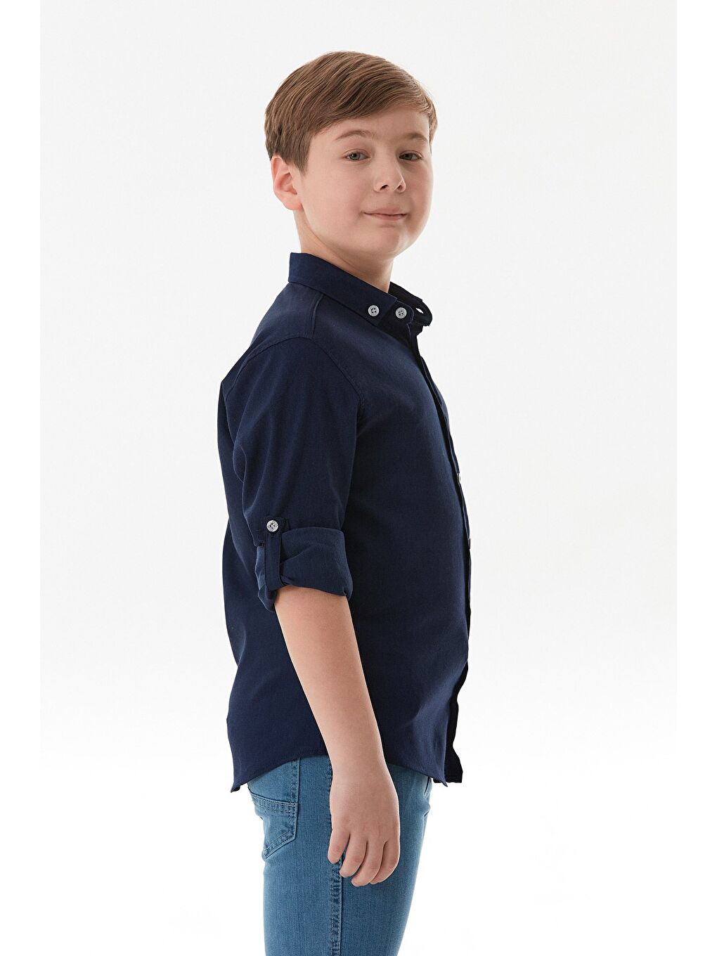 Lacivert Kolu Katlamalı Erkek Çocuk Gömlek-4
