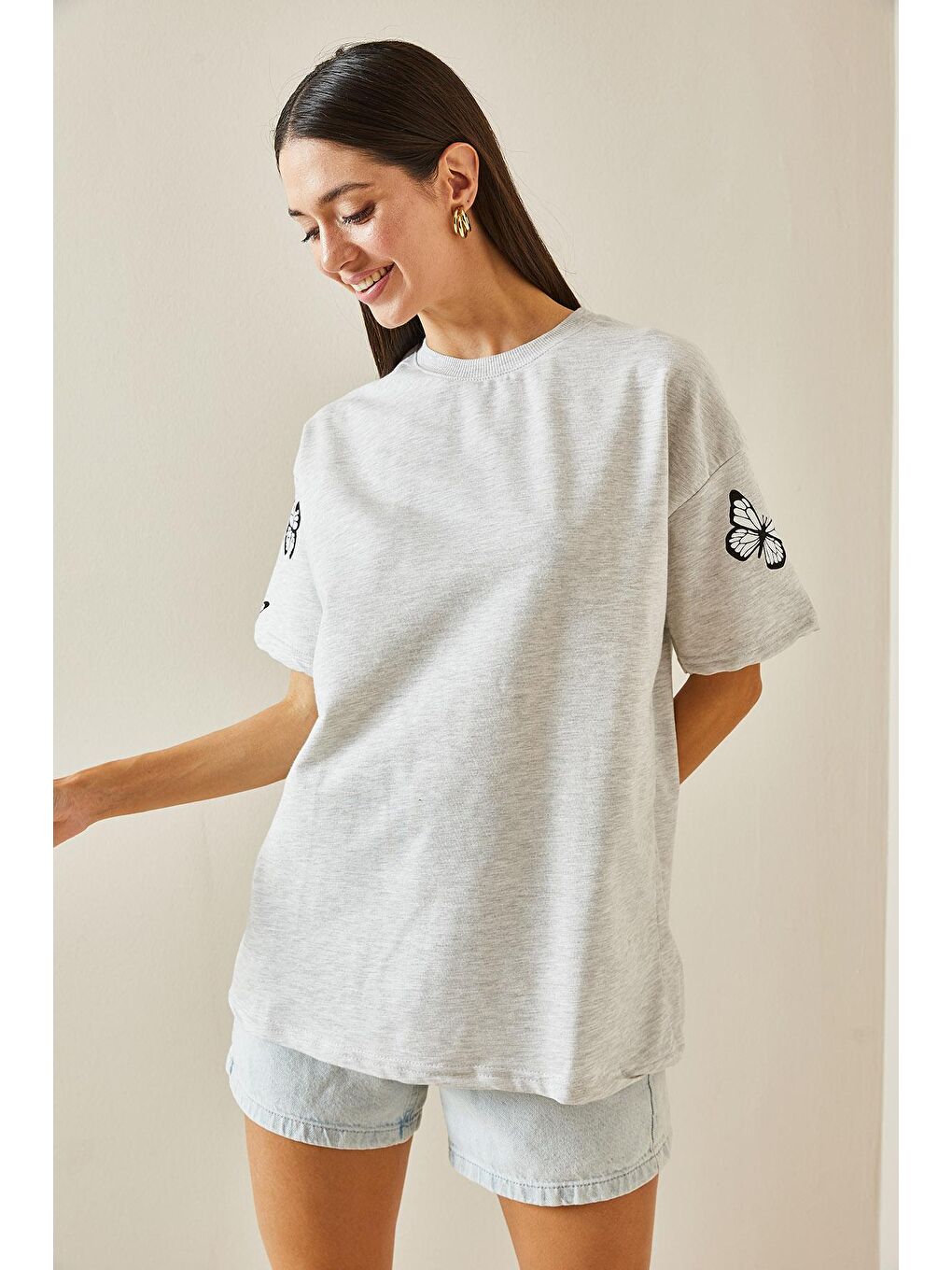 XHAN Gri Bisiklet Yaka Baskılı Oversize T-Shirt - 2