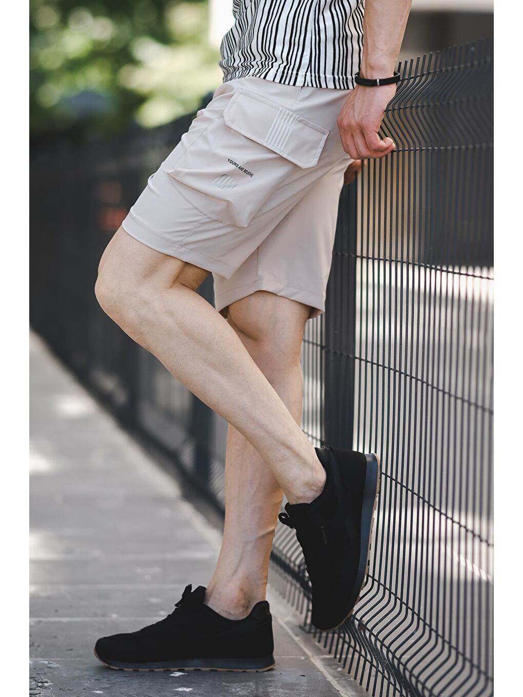 Bej Doriana Reflektörlü Kort Paraşüt Kumaş Kargo Cep Erkek Şort