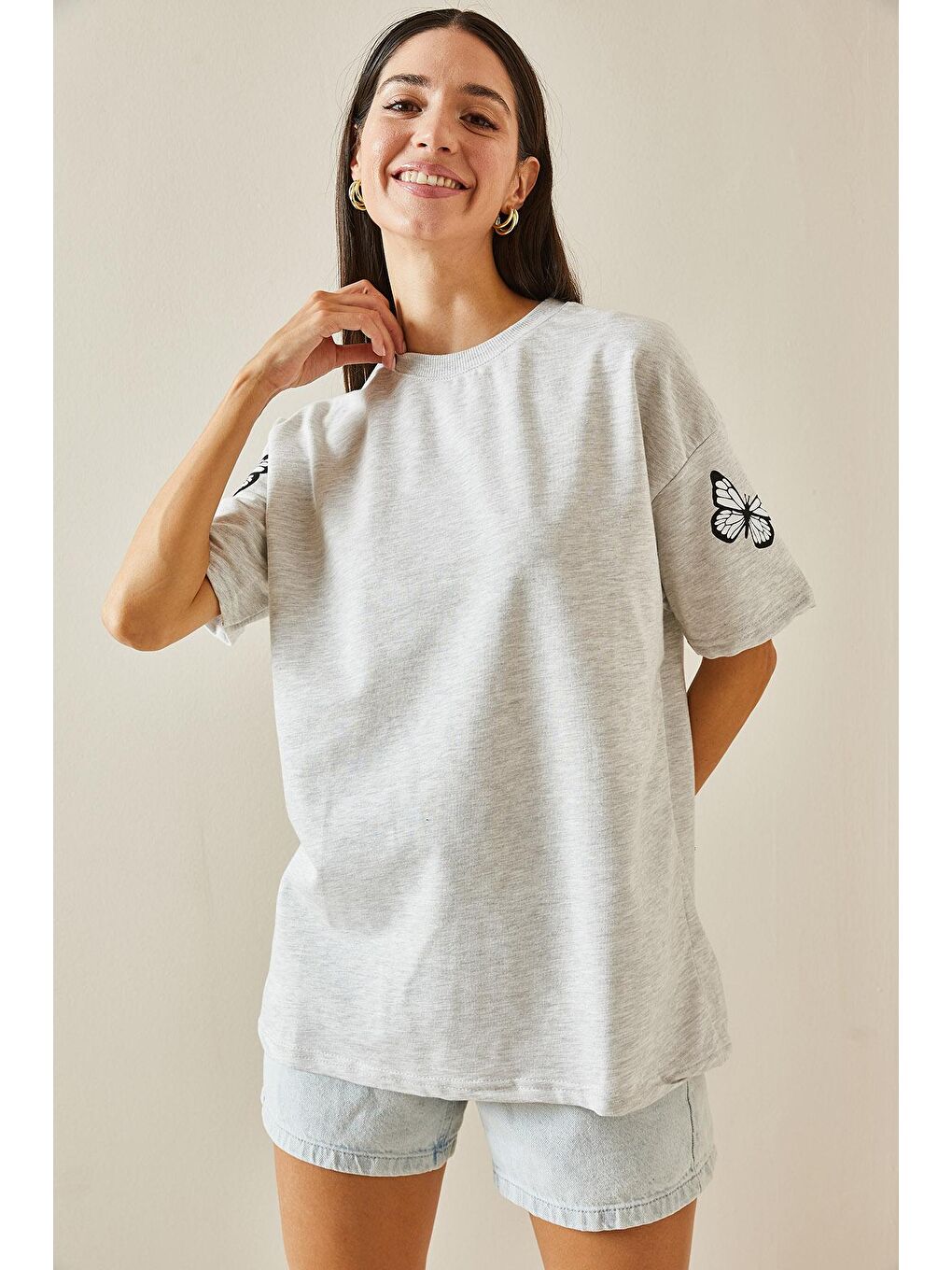 XHAN Gri Bisiklet Yaka Baskılı Oversize T-Shirt - 4