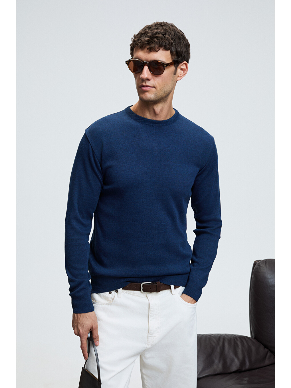 Varex Erkek Yuvarlak Yaka Basic Slim Fit Triko İndigo Kazak-2