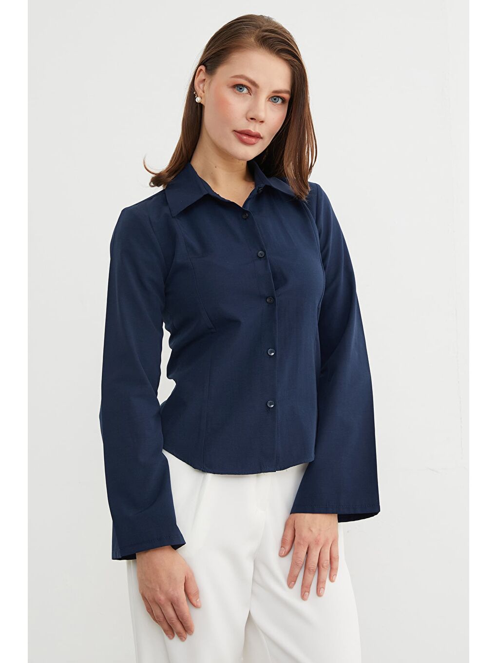 Lacivert İspanyol Kol Terikoton Kumaş Kuplu Gömlek-1