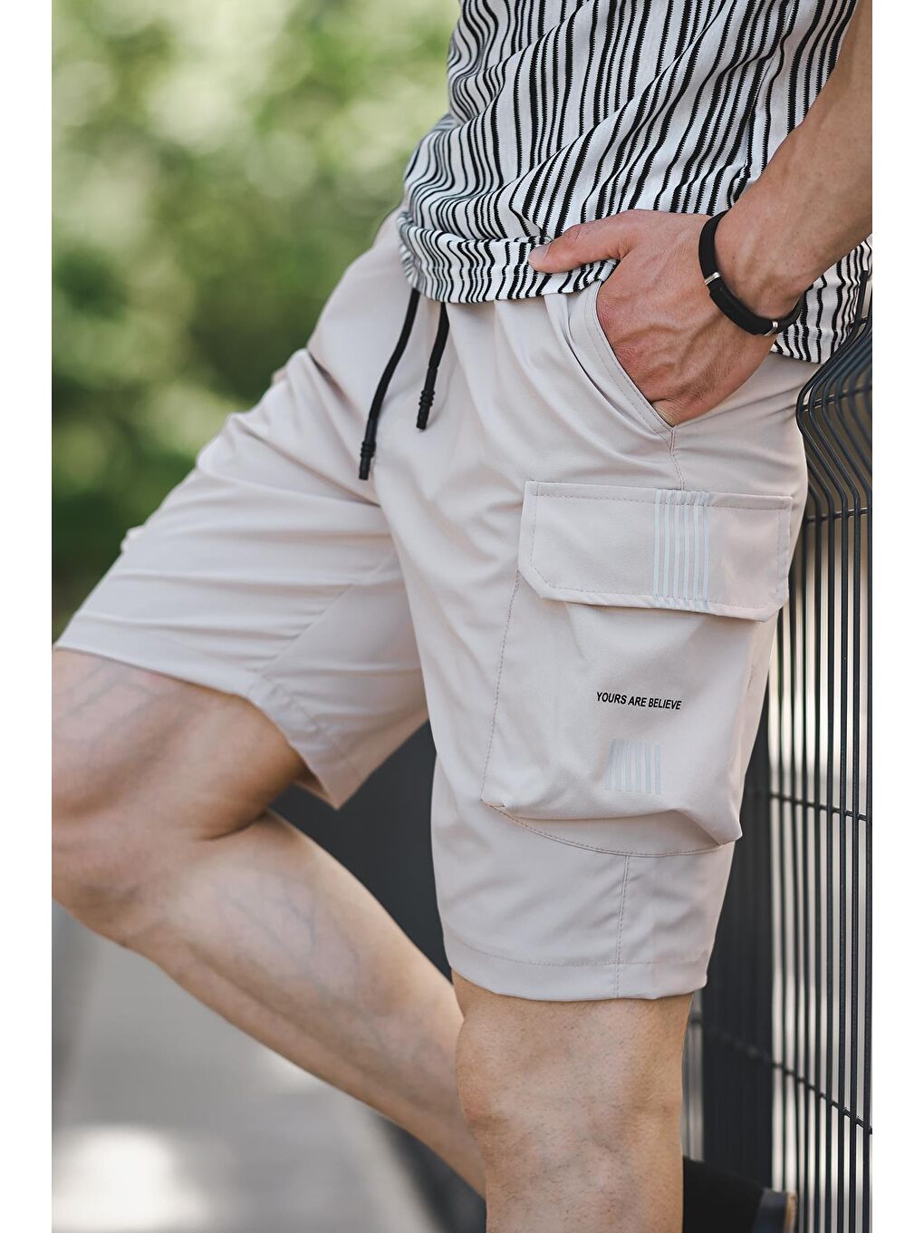 Bej Doriana Reflektörlü Kort Paraşüt Kumaş Kargo Cep Erkek Şort-1