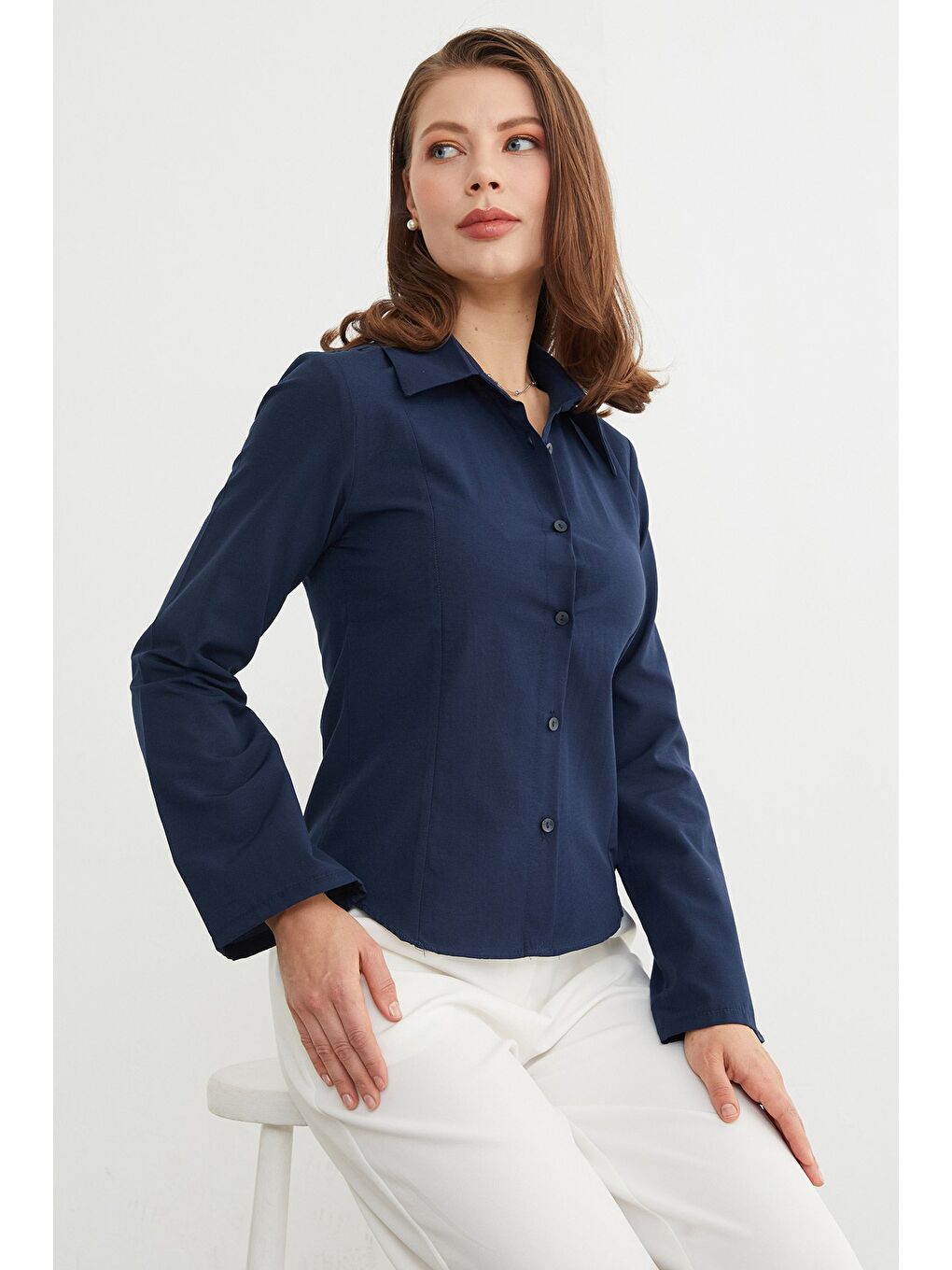 Lacivert İspanyol Kol Terikoton Kumaş Kuplu Gömlek-2