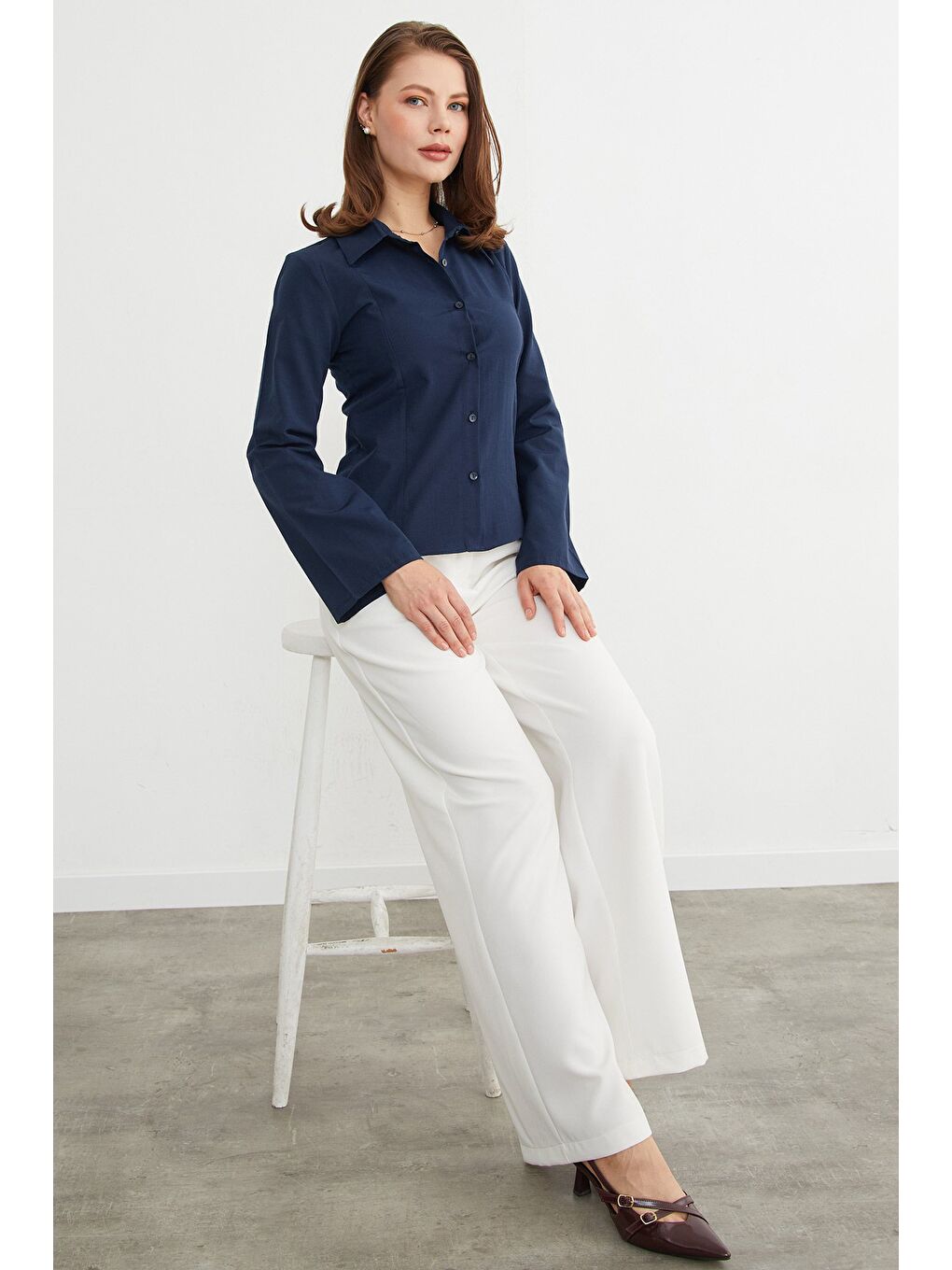 Lacivert İspanyol Kol Terikoton Kumaş Kuplu Gömlek-3