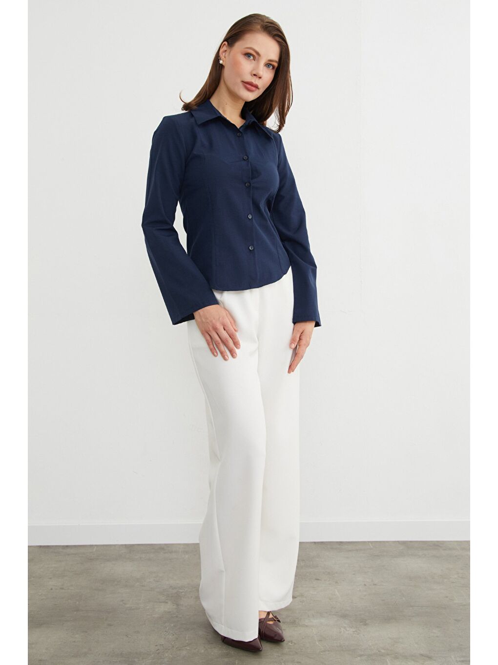 Lacivert İspanyol Kol Terikoton Kumaş Kuplu Gömlek-4