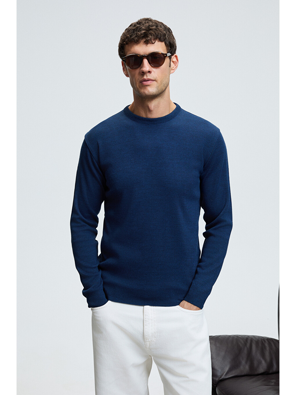 Varex Erkek Yuvarlak Yaka Basic Slim Fit Triko İndigo Kazak-3