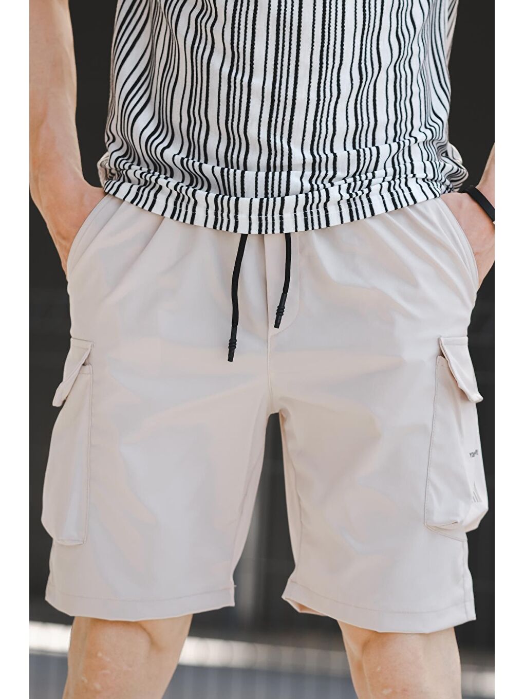 Bej Doriana Reflektörlü Kort Paraşüt Kumaş Kargo Cep Erkek Şort-2
