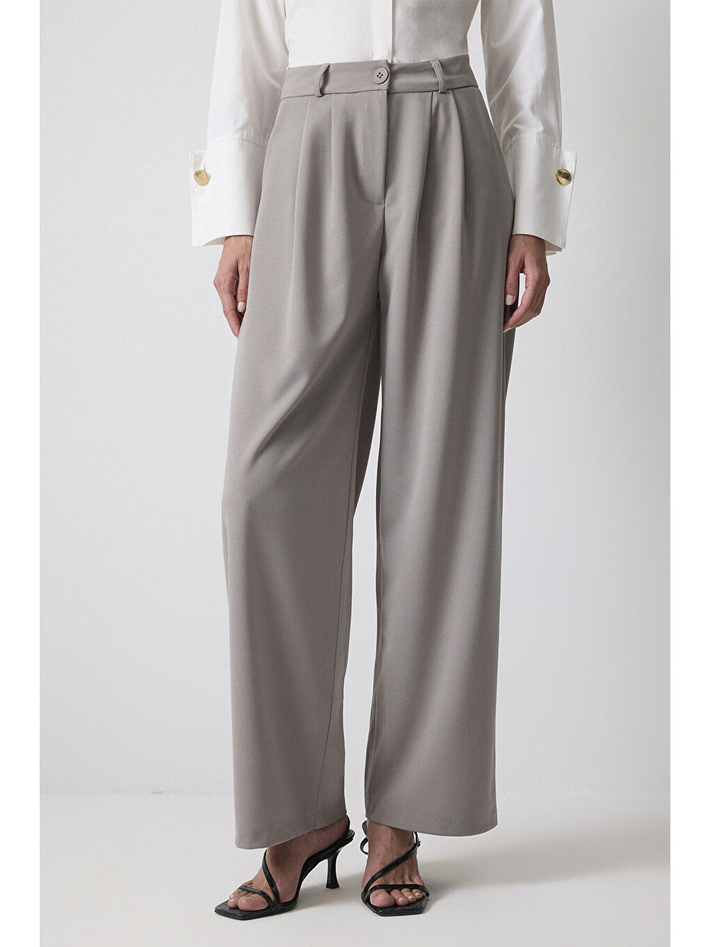 Gri Yüksek Bel Palazzo Pantolon-3