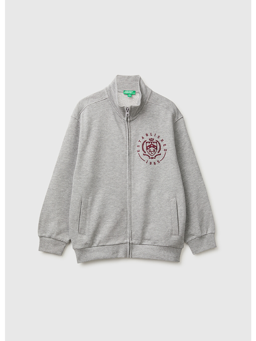 Erkek Çocuk Gri Melanj Önü İşlemeli Ribanalı Cepli Fermuarlı Dik Yaka Sweatshirt